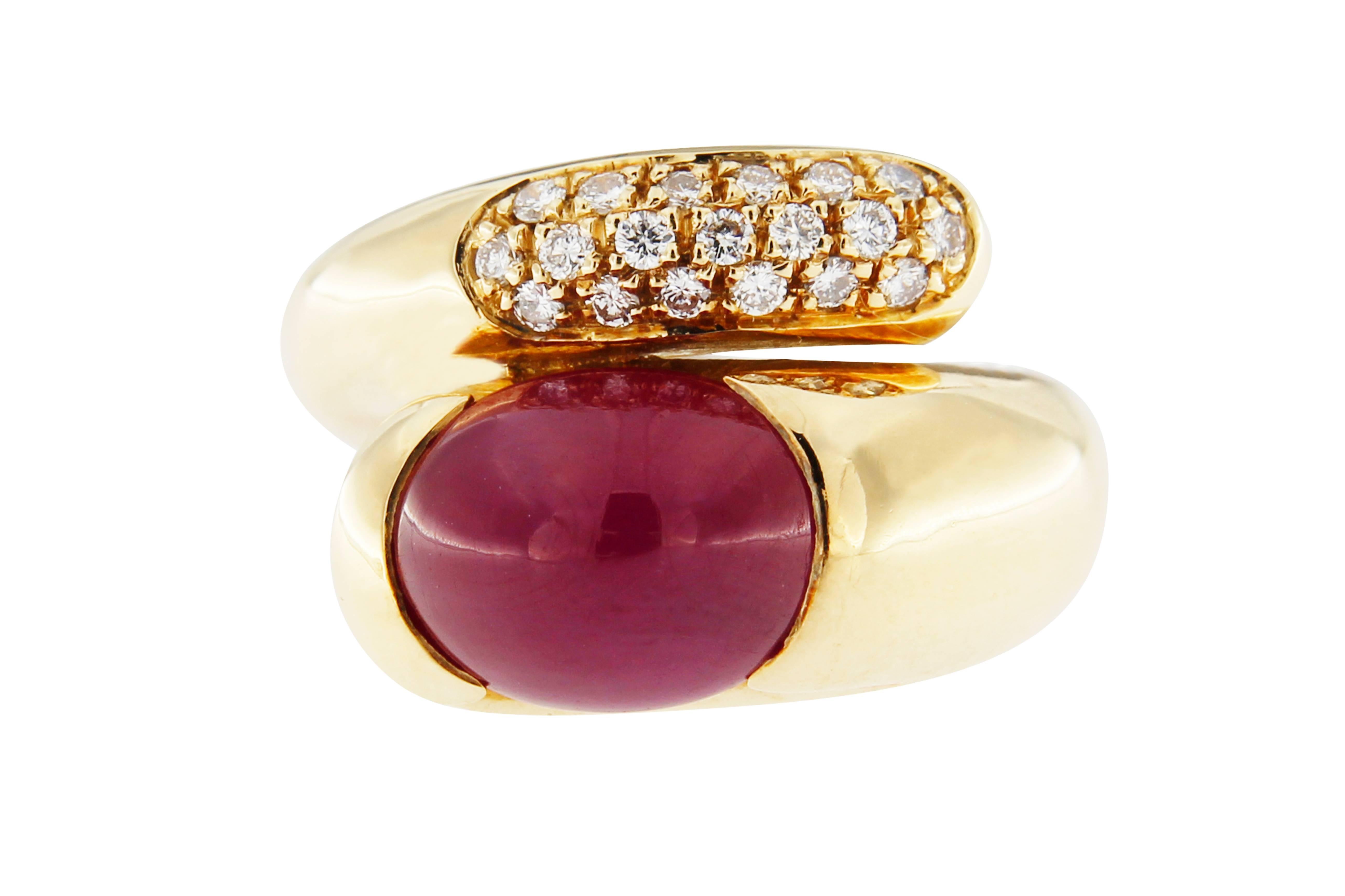 Jona design collection, 18k Yellow Gold Ring band set with a cabochon Ruby weighing 6.78 carats and 0.25 carats of white diamonds.  Ring size 6.5 US, can be sized to any specification.

All Jona jewelry is new and has never been previously owned or