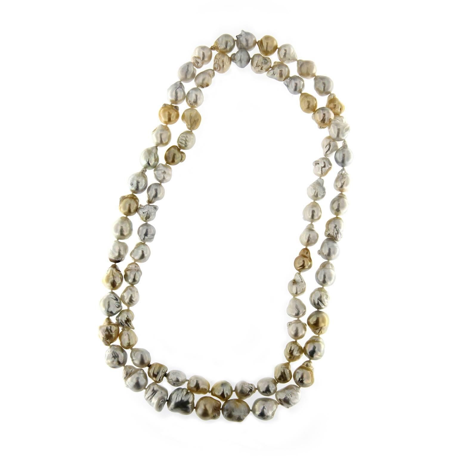 Long baroque pearl necklace by Jona, composed by 79 baroque multicolor South Sea pearls, ranging from 12 to 16 mm ( 0.47 in. - 0.62 in.) diameter, total length: 48.81 inch/124 cm), strung on a hand-knotted silk cord and secured by a bayonet clasp