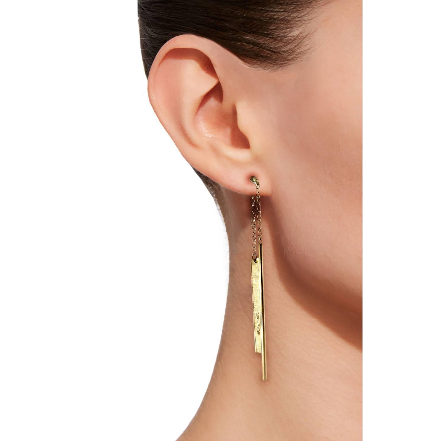 Jona design collection, hand crafted in Italy, 18 karat brushed and polished yellow gold dangling bar ear pendants. 

All Jona jewelry is new and has never been previously owned or worn. Each item will arrive at your door beautifully gift wrapped in