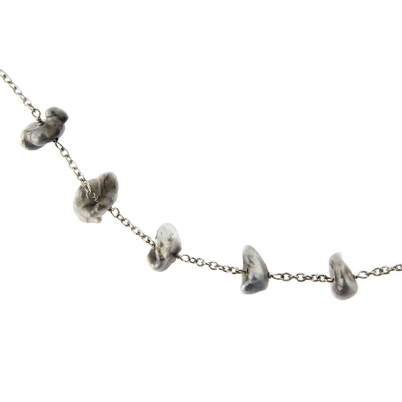 Rough Cut Jona Keshi Grey Pearl 18 Karat White Gold Long Chain Necklace