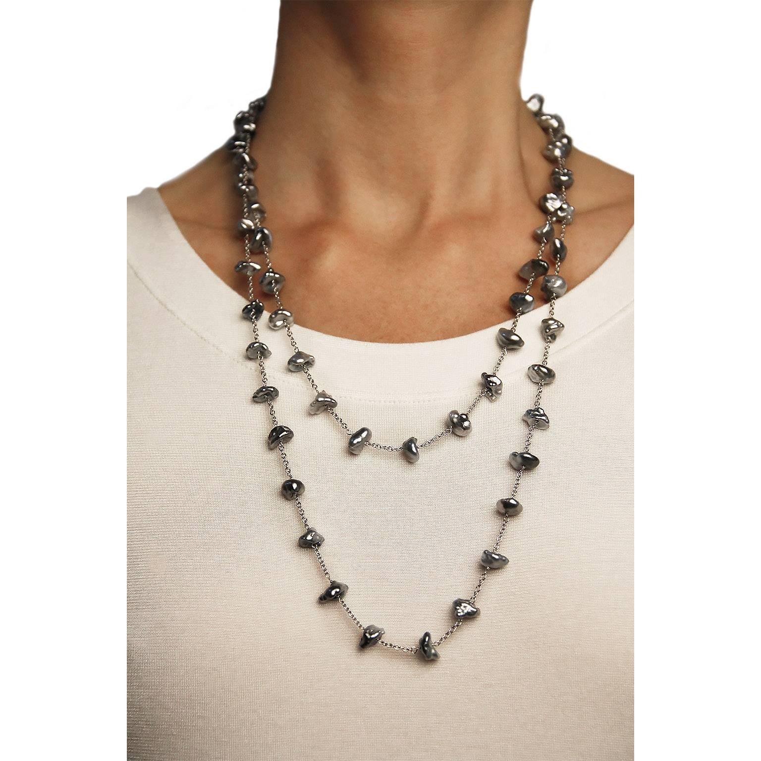 Jona Keshi Grey Pearl 18 Karat White Gold Long Chain Necklace 1