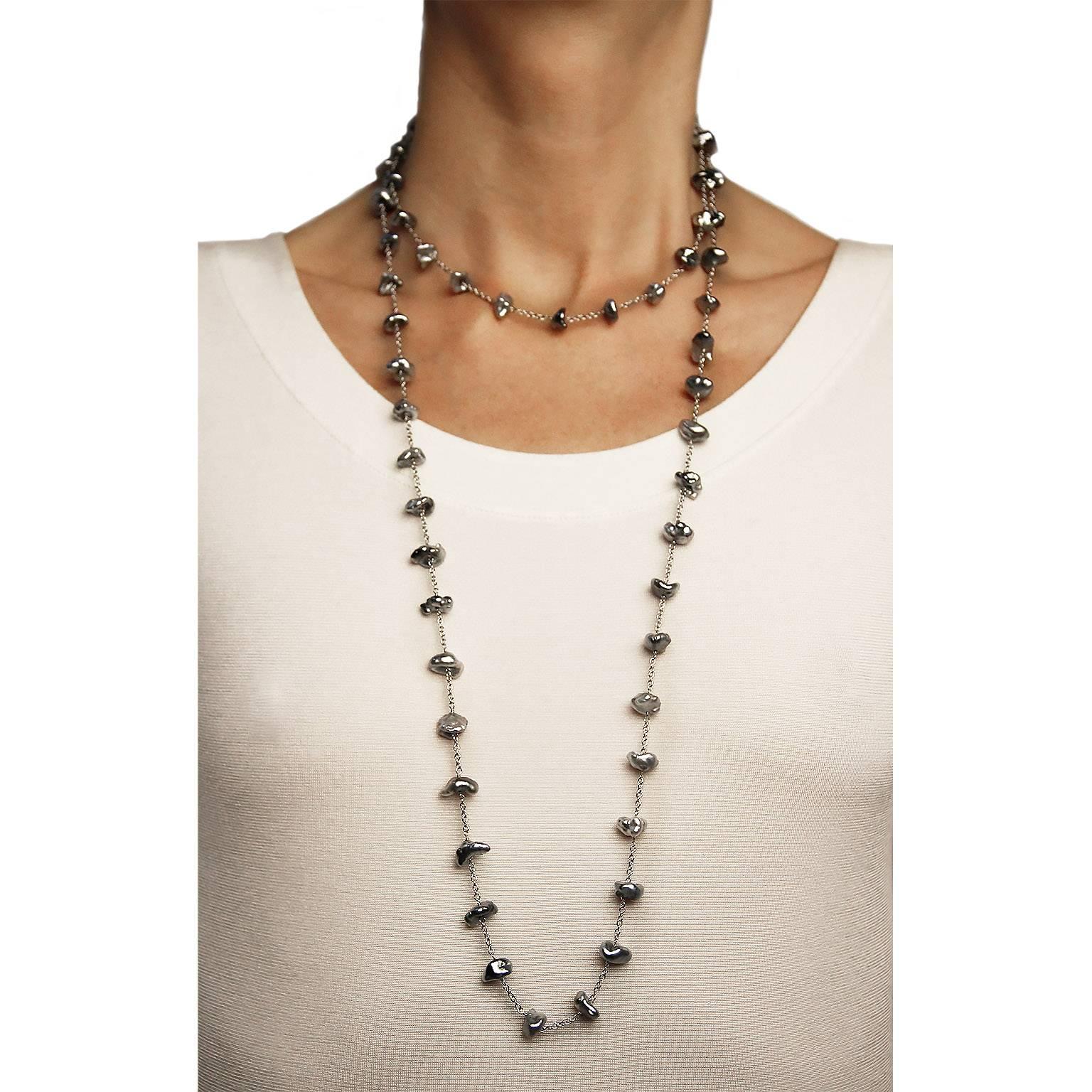 Jona Keshi Grey Pearl 18 Karat White Gold Long Chain Necklace 2