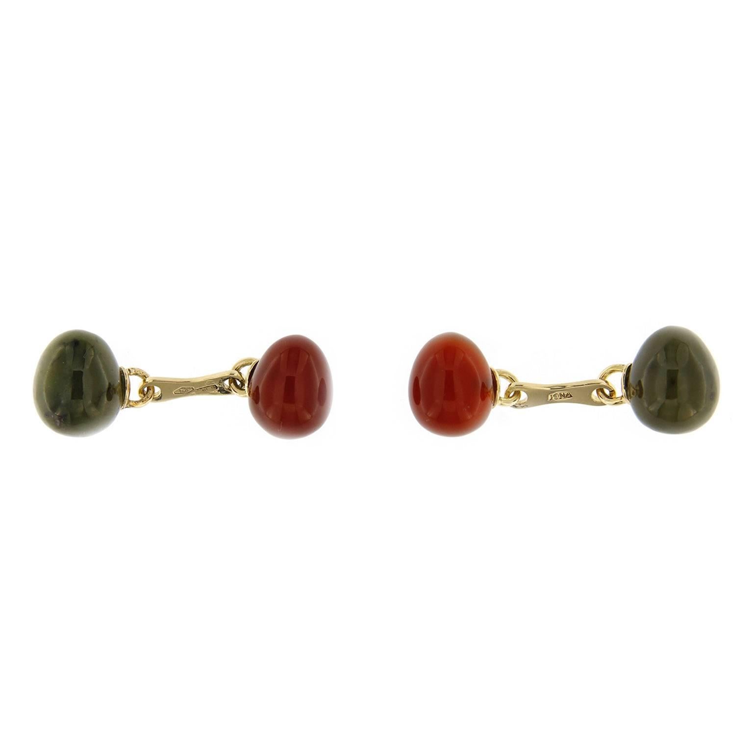 Jona Moss Agate Carnelian Egg Shaped 18 Karat Yellow Gold Cufflinks In New Condition In Torino, IT