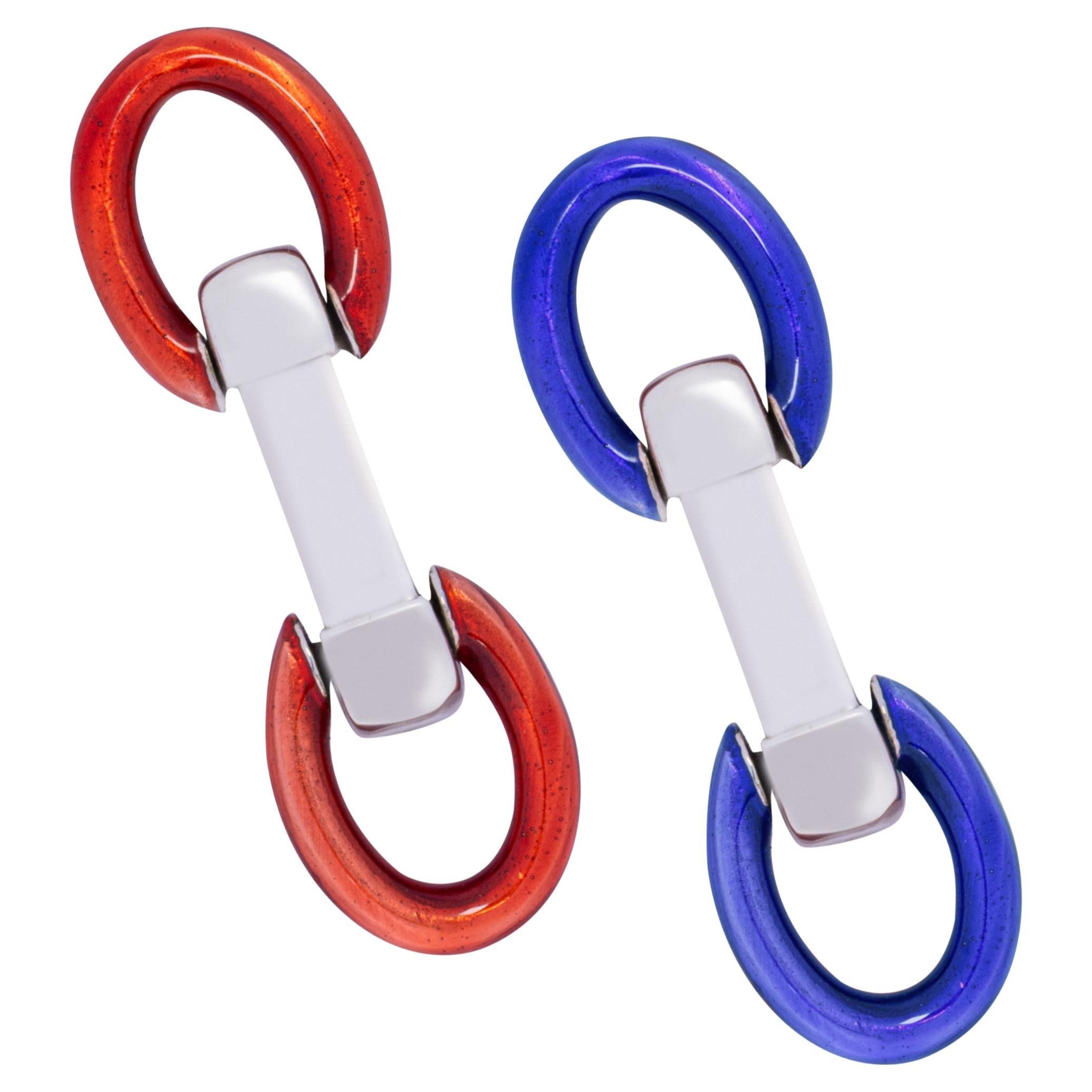 Gemelli da polso a doppio anello pieghevole in argento 925 con smalto blu e rosso di Alex Jona