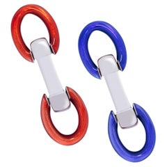 Alex Jona Blue and Red Enamel Sterling Silver Double Ring Folding Cufflinks