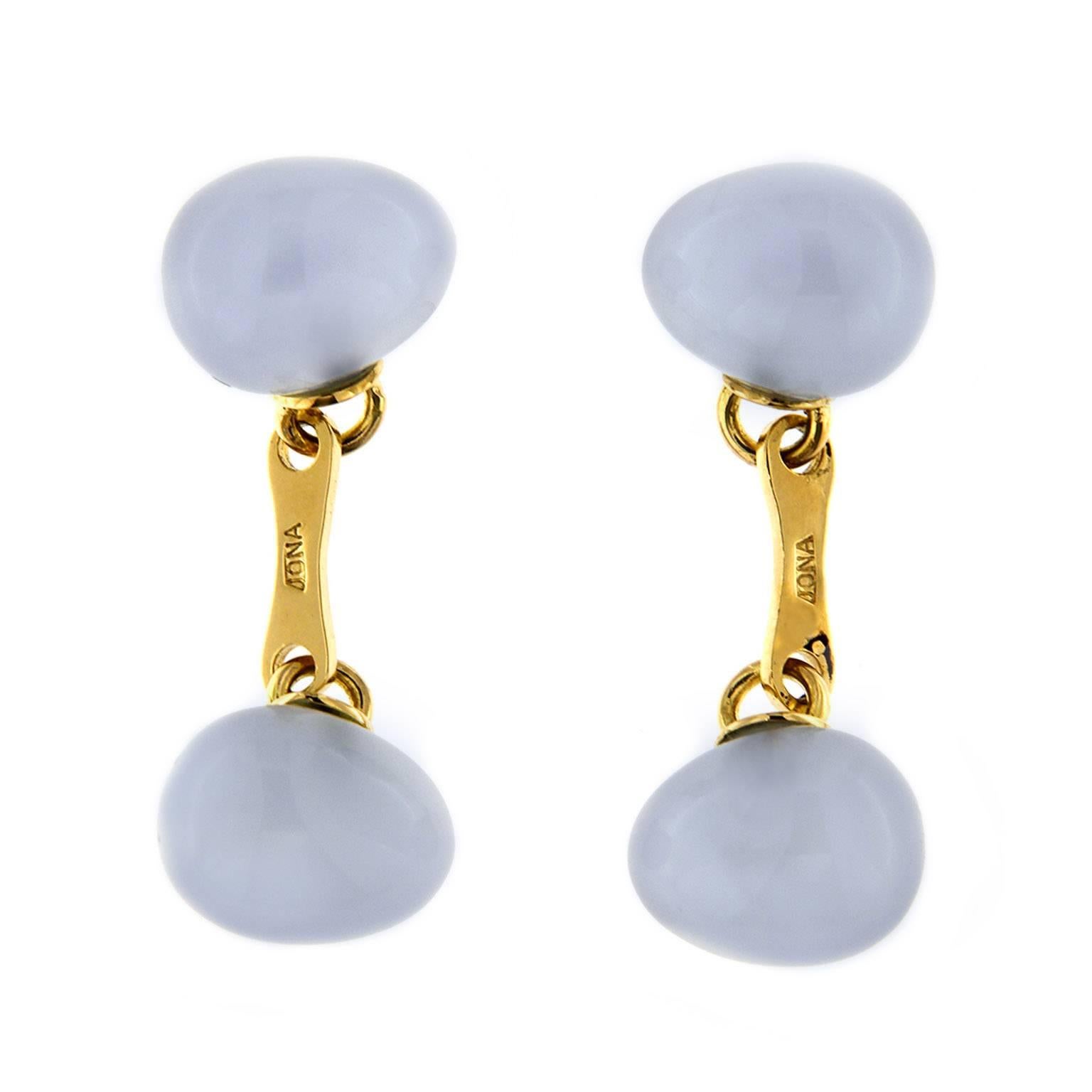 Jona design collection, crafted in Italy, 18 karat yellow gold, hand-carved egg-shaped Blue Chalcedony cufflinks.

All Jona jewelry is new and has never been previously owned or worn. Each item will arrive at your door beautifully gift wrapped in