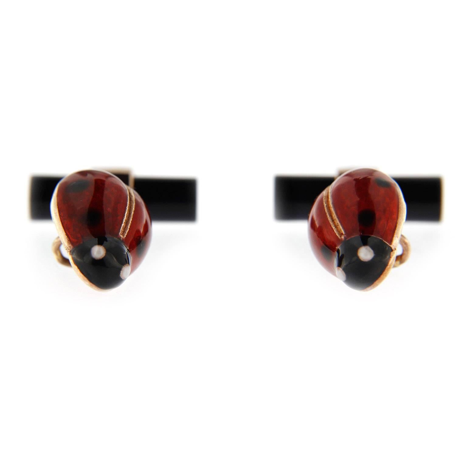 Jona design collection, hand crafted in Italy, 14 karat rose gold and onyx enameled ladybug cufflinks.  
All Jona jewelry is new and has never been previously owned or worn. Each item will arrive at your door beautifully gift wrapped in Jona boxes,