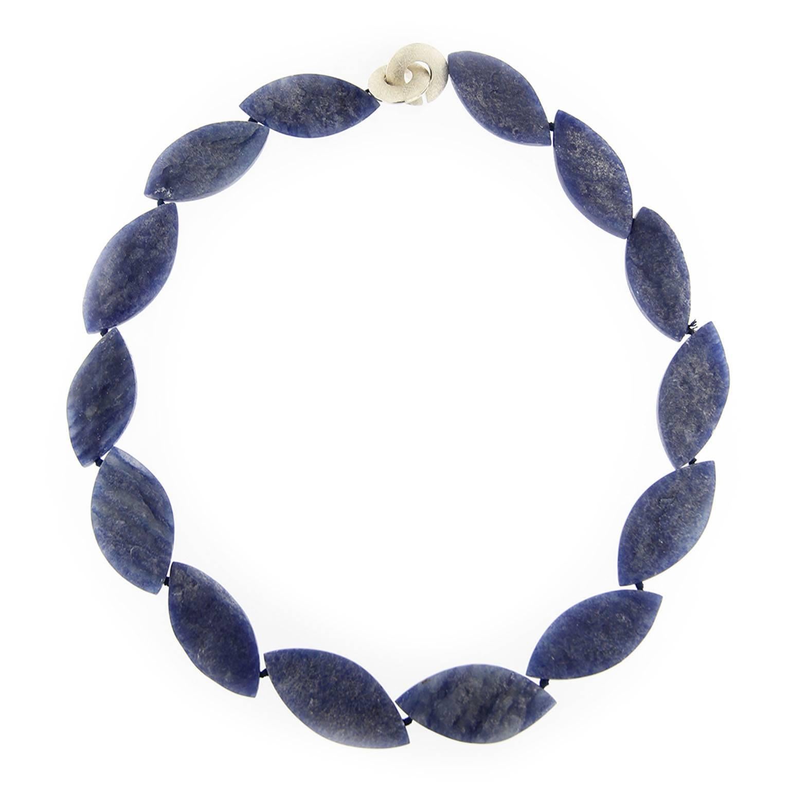 Jona design collection, Polished Navette Blue Quartz necklace with a brushed sterling silver clasp. Length: 19.68