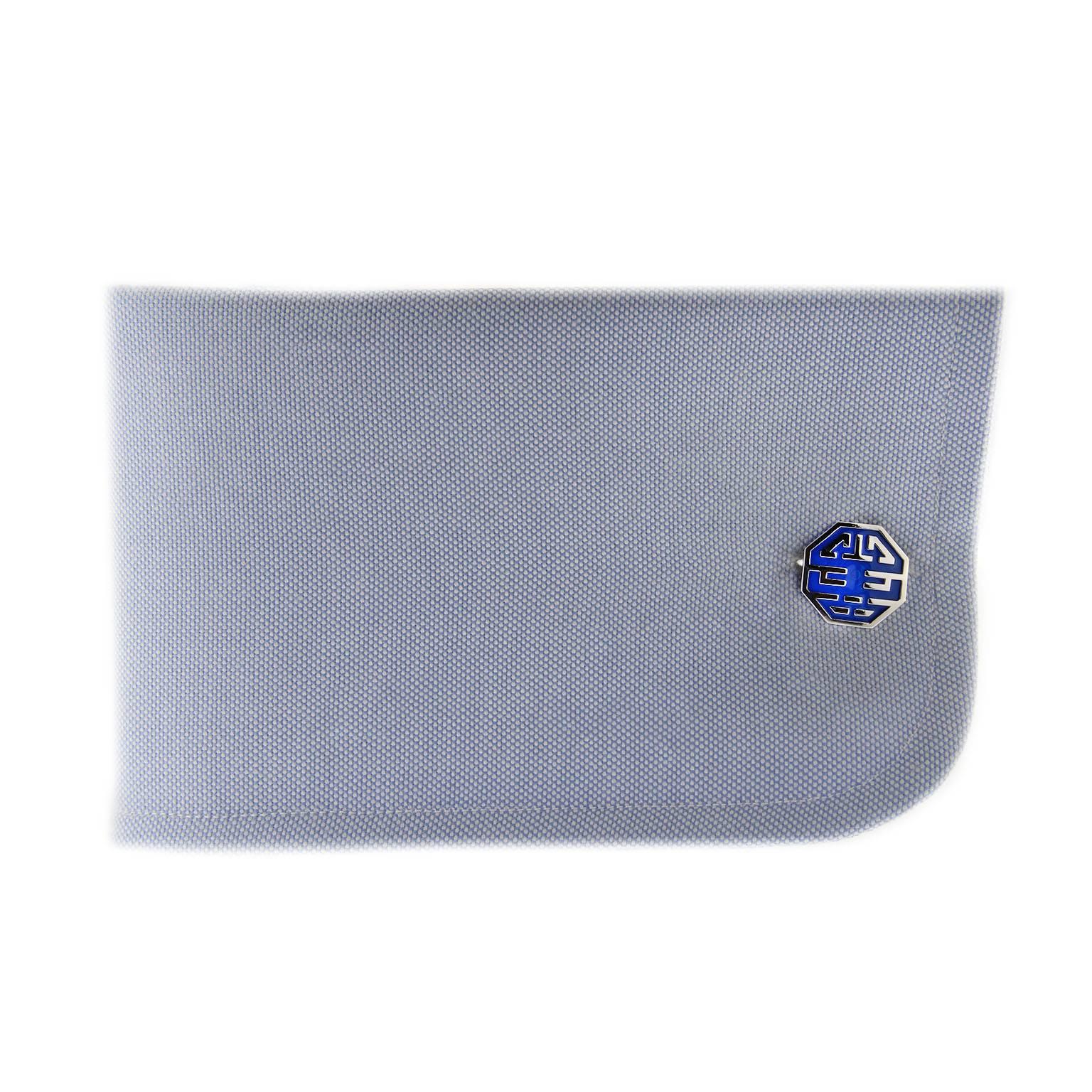 Jona design collection “Long & happy Life”, hand crafted in Italy, sterling silver cufflinks with blue enamel . Chinese luck bringer symbol since the time of emperors. Dimensions: Large button 0.56