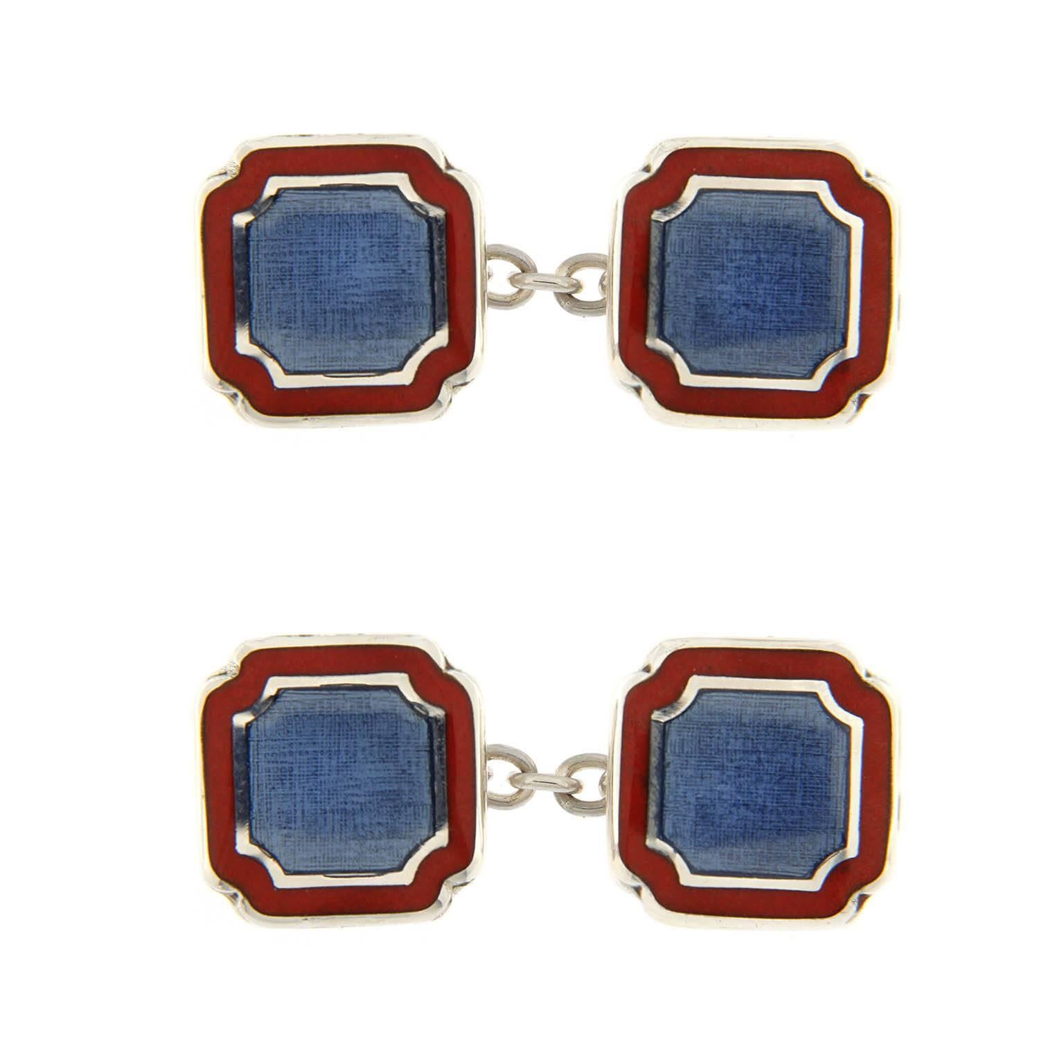 Jona design collection, hand crafted in Italy, sterling silver cufflinks with blue and red enamel.

All Jona jewelry is new and has never been previously owned or worn. Each item will arrive at your door beautifully gift wrapped in Jona boxes, put
