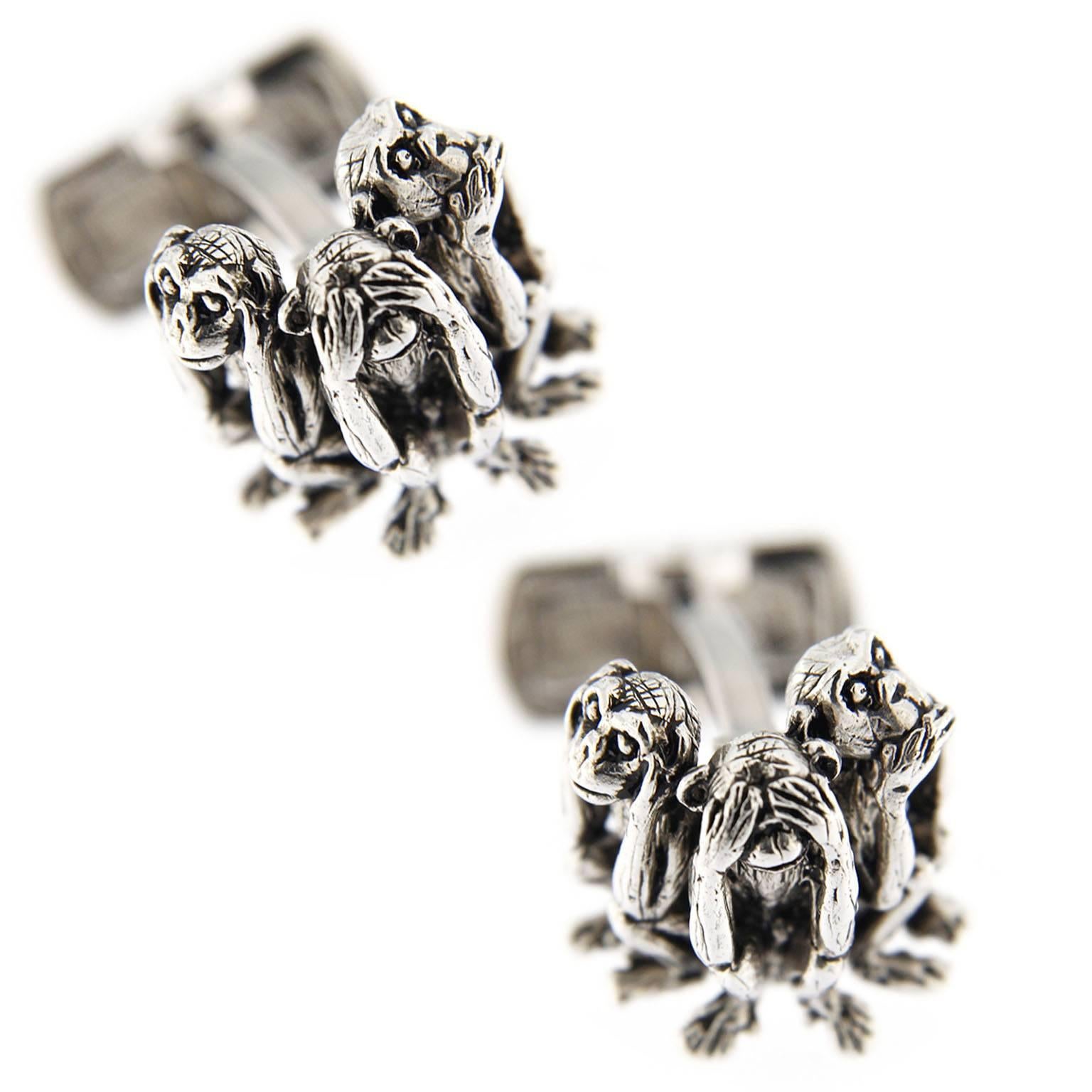 Jona design collection, hand crafted in Italy, rhodium plated sterling silver three wise monkeys cufflinks with toggle back. Marked JONA 925.
All Jona jewelry is new and has never been previously owned or worn. Each item will arrive at your door
