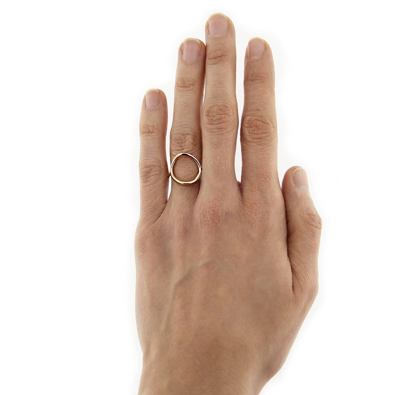 Jona design collection, hand crafted in Italy, open circle hoop ring in 18 karat rose gold. Ring size 6, can be sized.
All Jona jewelry is new and has never been previously owned or worn. Each item will arrive at your door beautifully gift wrapped