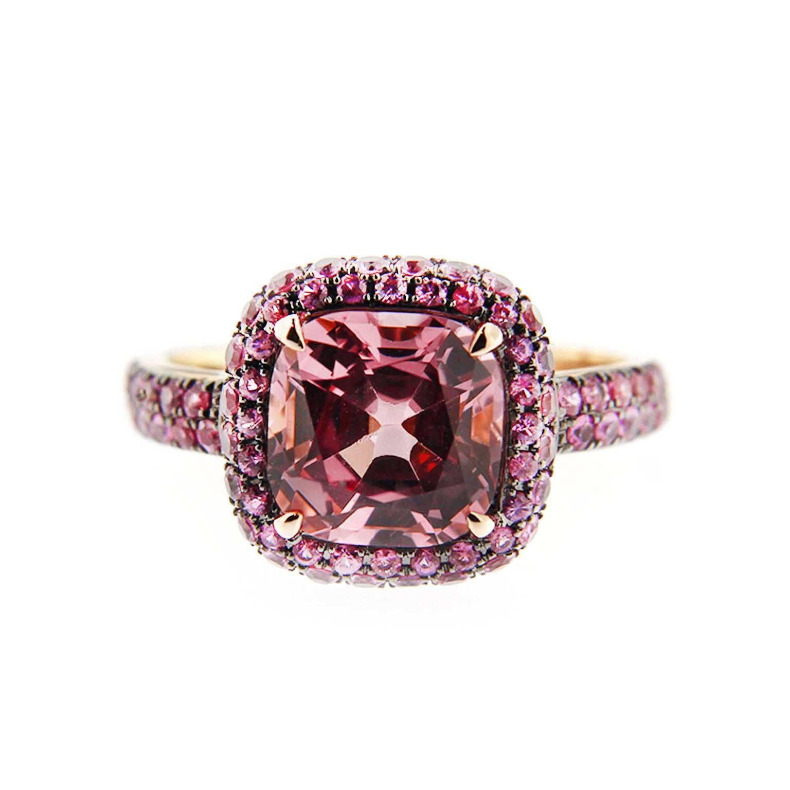 Cushion Cut Jona Pink Spinel Pink Sapphire 18 Karat Rose Gold Ring