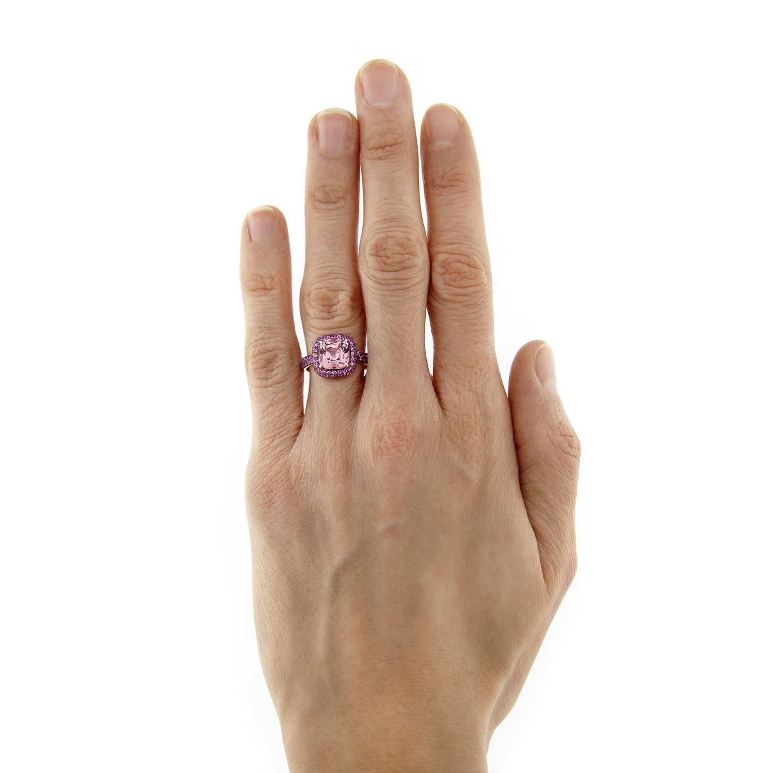 Jona one-of-a-kind collection, designed and hand crafted in Italy, 18 Karat rose gold ring, centering a cushion cut pink Spinel weighing 3.10 carats, surrounded by a pink Sapphire Pavé weighing 1.84 carats. Signed Jona. 
Ring Size: US 6 (can be