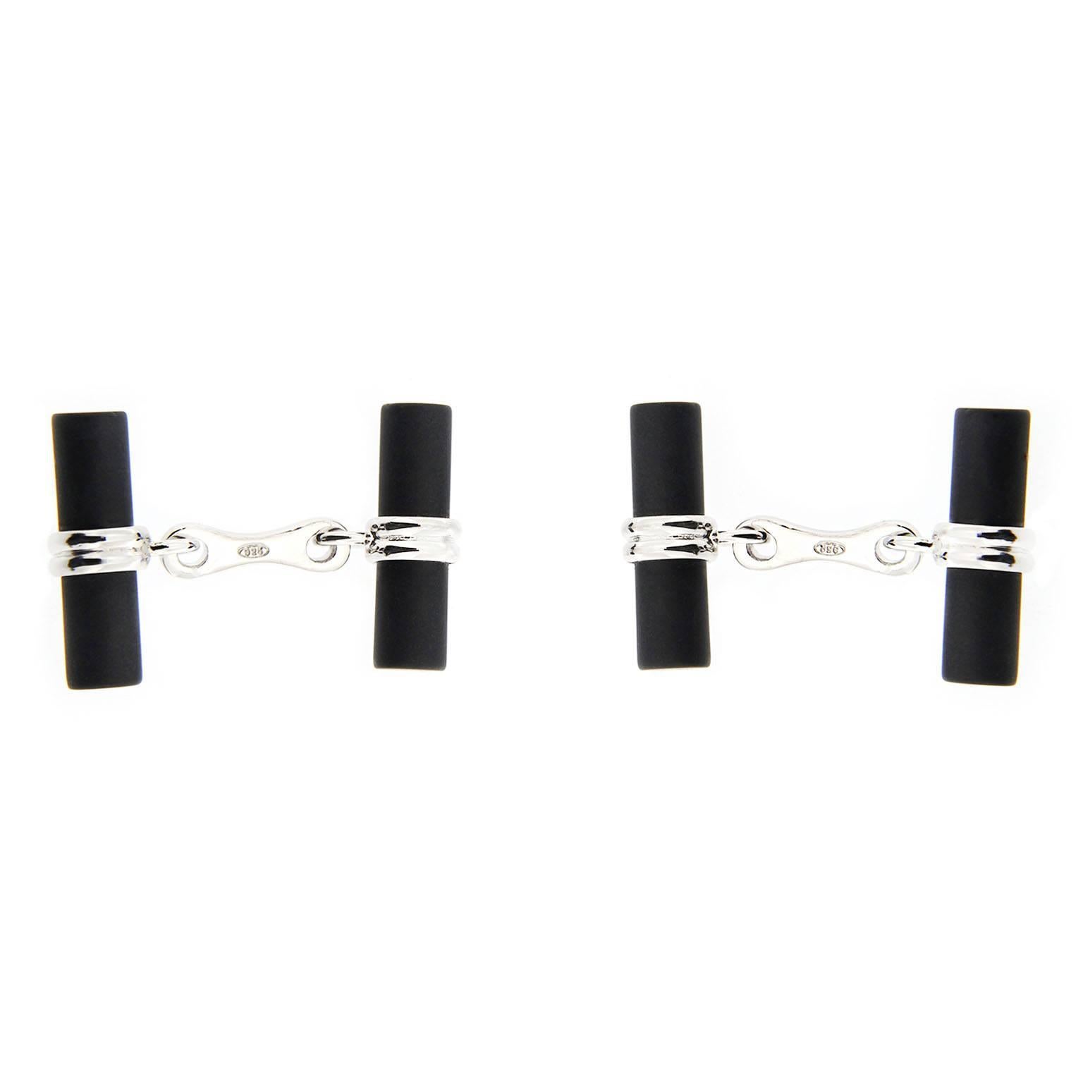 Jona Onyx Cylinder Sterling Silver Cufflinks In New Condition In Torino, IT