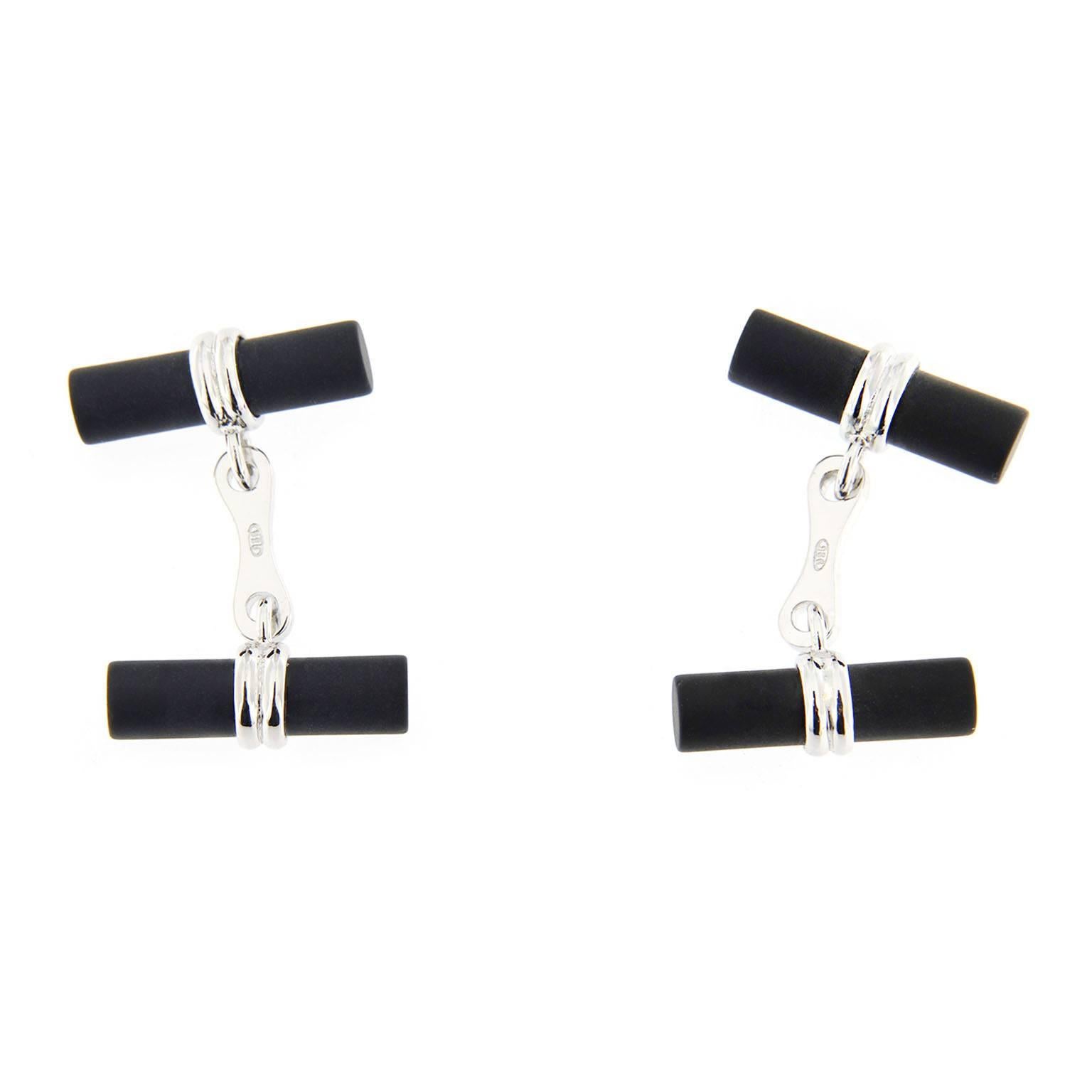 Jona design collection, Onyx cylinder cufflinks, mounted in 925/°°° sterling silver Rhodium Plated. Marked JONA 925.
Measurements: 19.2mm x 5.4mm (each cylinder). 

All Jona jewelry is new and has never been previously owned or worn. Each item will