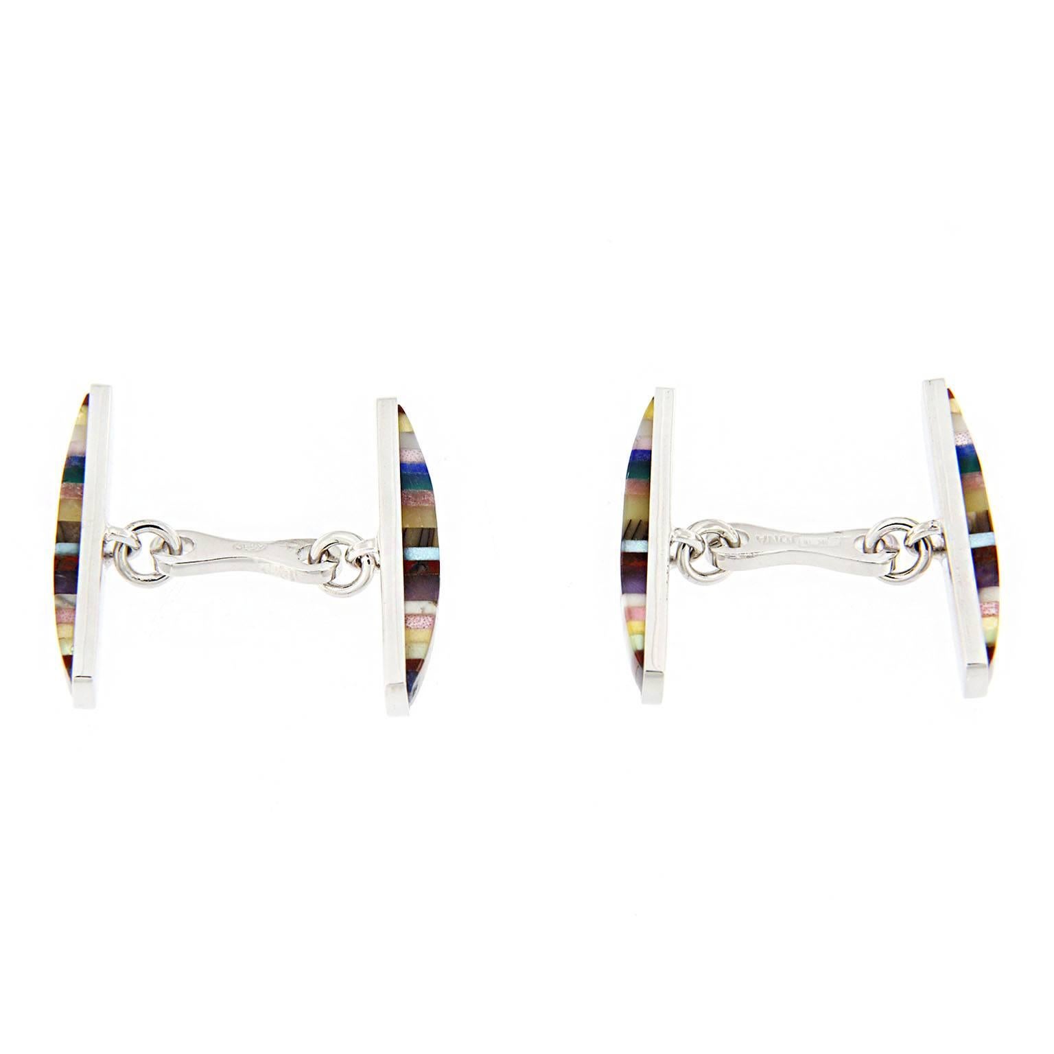 Jona design collection, hand crafted in Italy, rhodium plated sterling silver multiple layered semiprecious stone and mother of pearl cufflinks. 
Marked Jona 925.   
Measurements: 0.23 inch-5.85mm x 0.92inch-23.51mm (each bar).

All Jona jewelry is