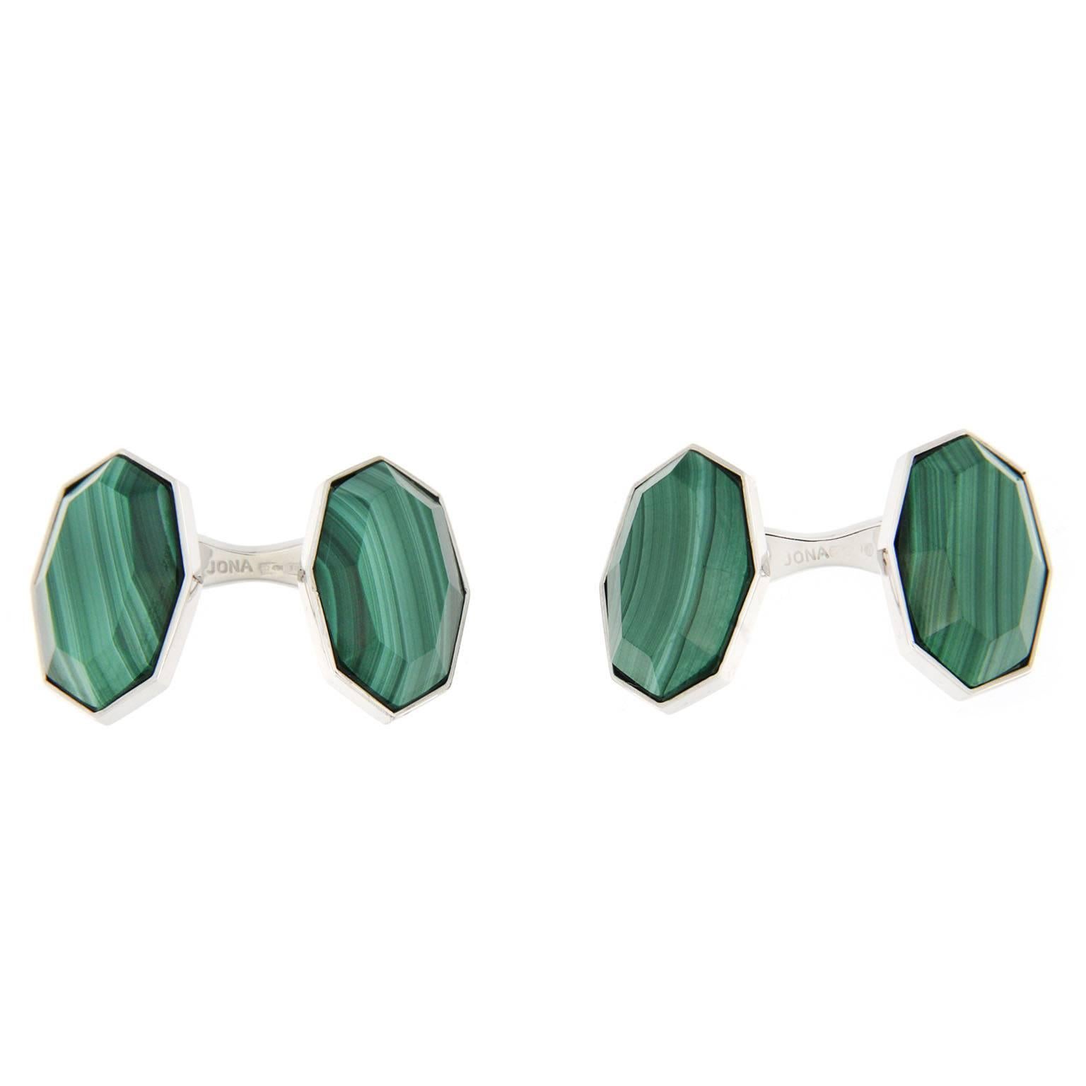 Jona design collection, crafted in Italy, rhodium plated sterling silver faceted Malachite cufflinks. Marked Jona 925.   

All Jona jewelry is new and has never been previously owned or worn. Each item will arrive at your door beautifully gift