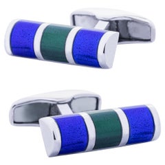 Alex Jona Blue Green Enamel Sterling Silver Bar Cufflinks