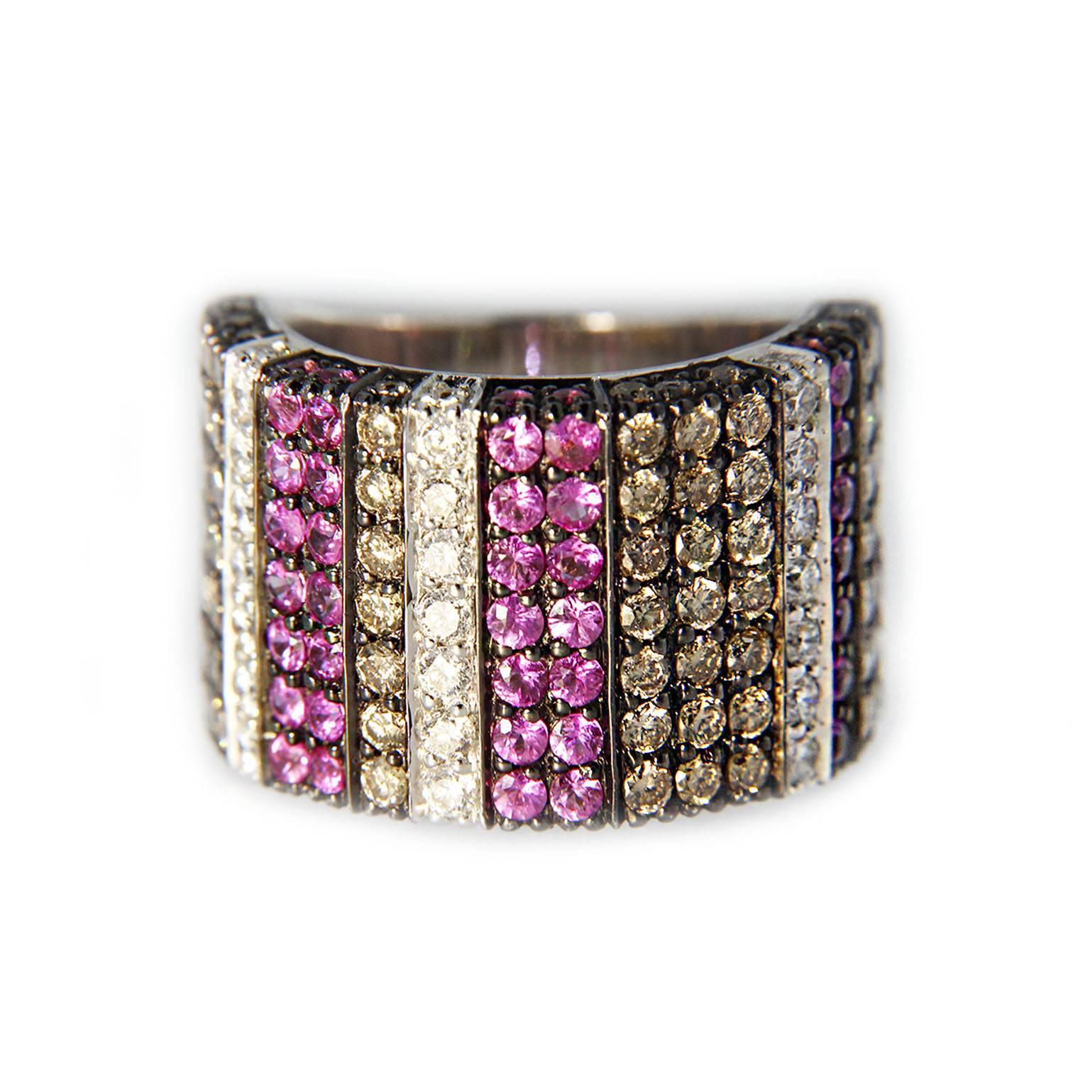 Contemporary Jona Pink Sapphire White and Brown Diamond Wide Pavé 18K White Gold Ring Band