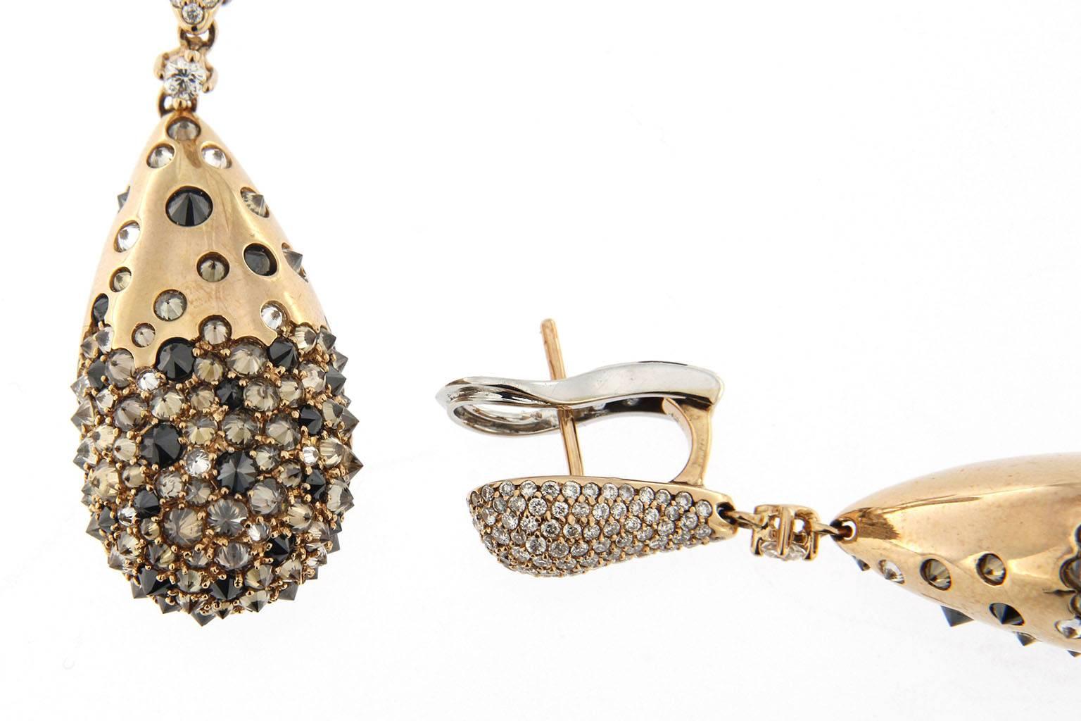 Jona Black Brown and White Diamond 18 Karat Yellow Gold Drop Earrings In New Condition In Torino, IT