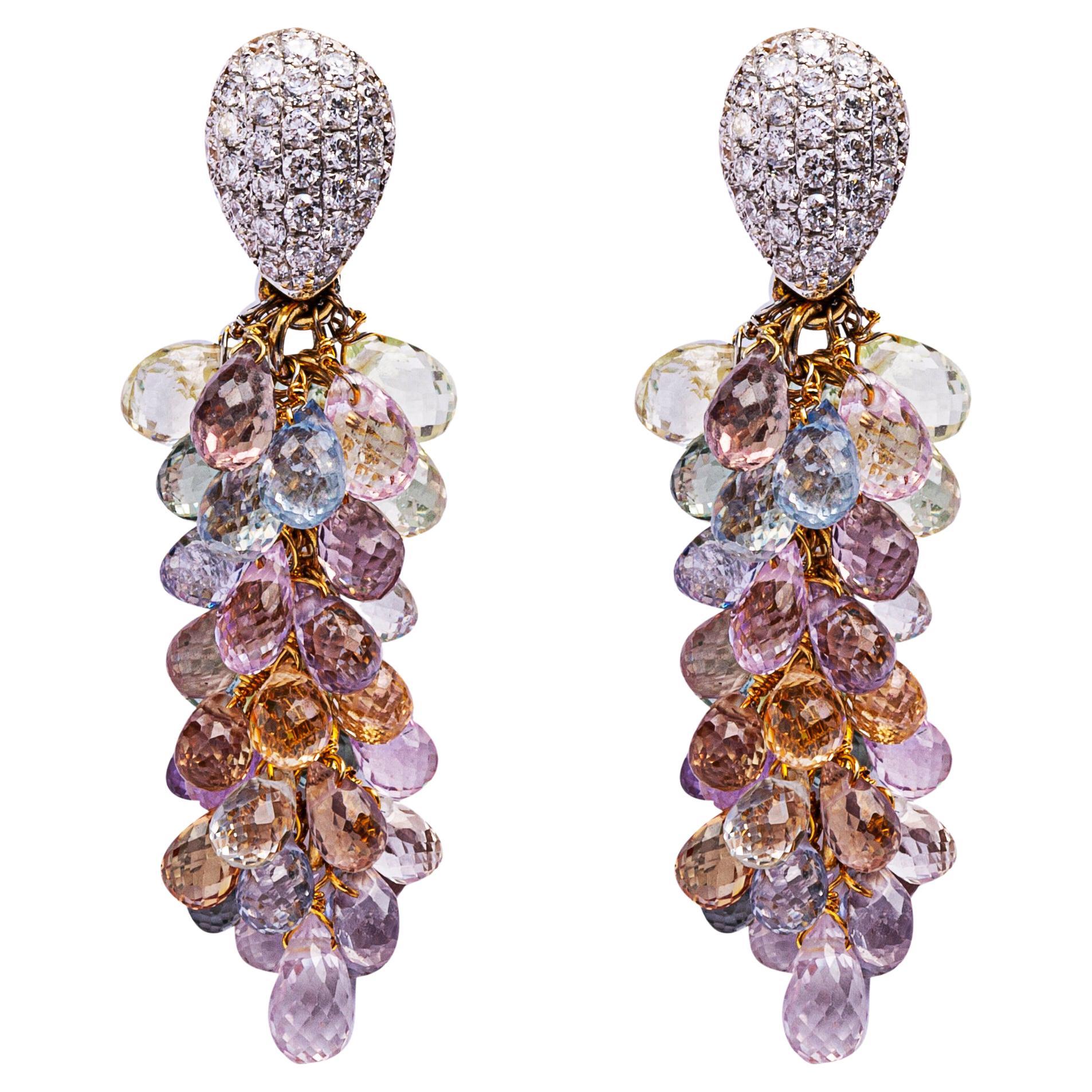 Alex Jona White Diamond Multi-Color Sapphire Cluster 18 Karat Gold Ear Pendants For Sale