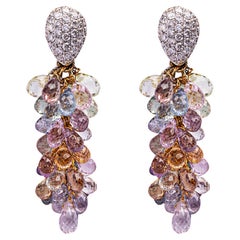 Alex Jona White Diamond Multi-Color Sapphire Cluster 18 Karat Gold Ear Pendants