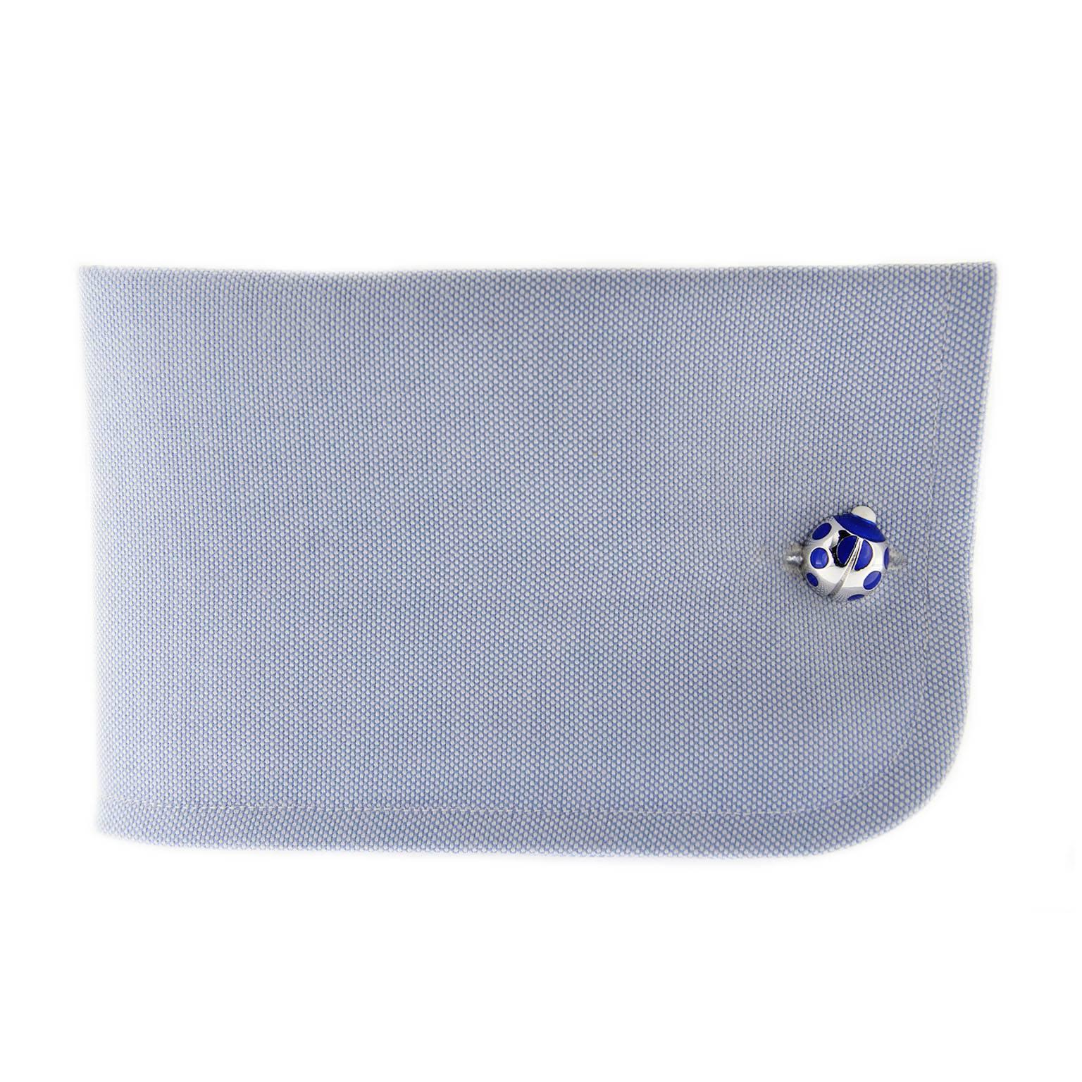 Jona design collection, hand crafted in Italy, rhodium plated Sterling Silver ladybug cufflinks with marine blue enamel.  

DIMENSIONS: 
0.44 in W x 0.50 in L x 0.23 in D 
11,17 mm W x 12,07 mm L x 5,84 mm D  

All Jona jewelry is new and has never