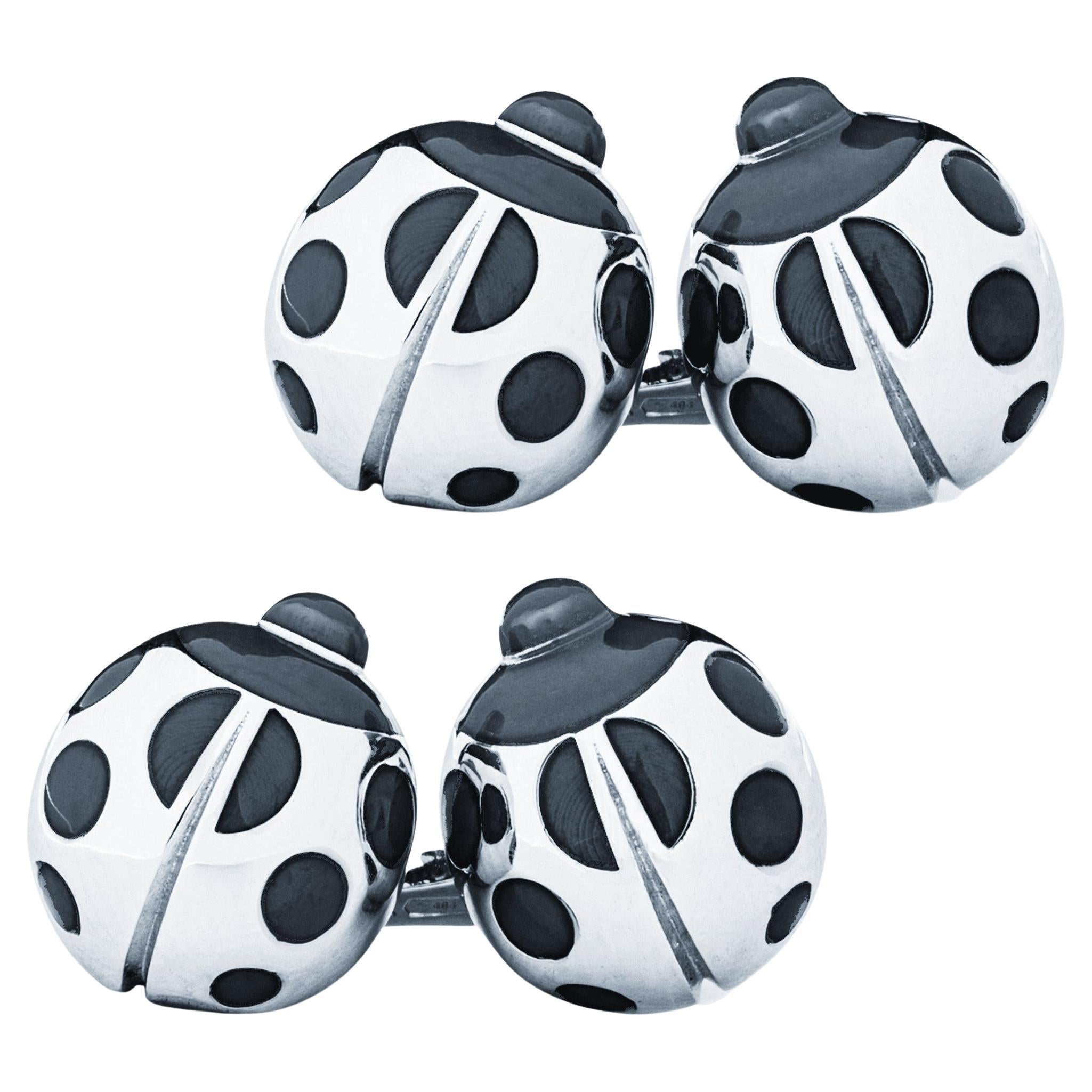 Alex Jona Sterling Silver Black Enamel Ladybug Cufflinks