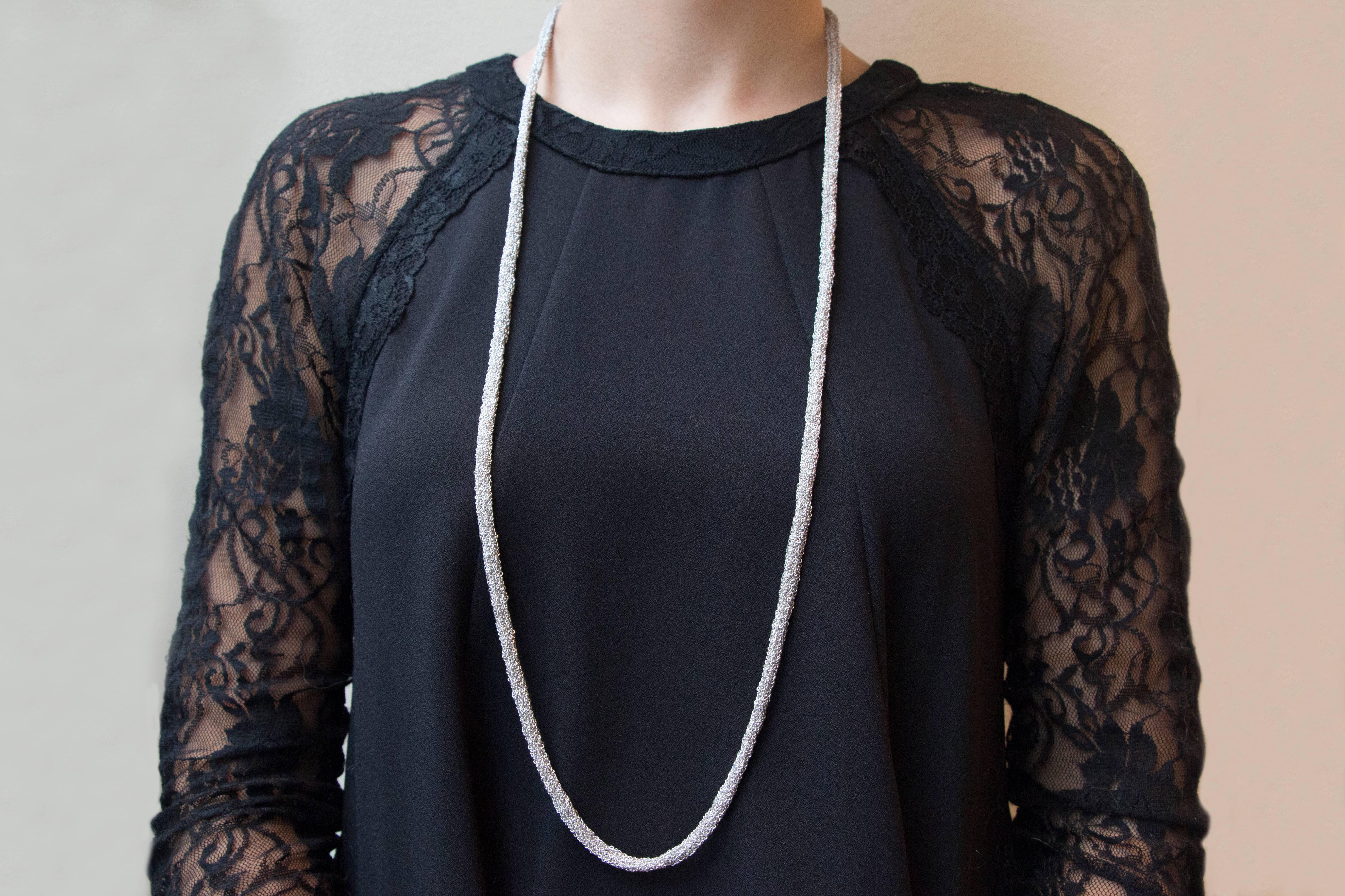 Jona design collection, hand crafted in Italy, rhodium plate sterling silver long chain necklace, 35.43 inch- 90cm long, made of woven small chains.

All Jona jewelry is new and has never been previously owned or worn. Each item will arrive at your