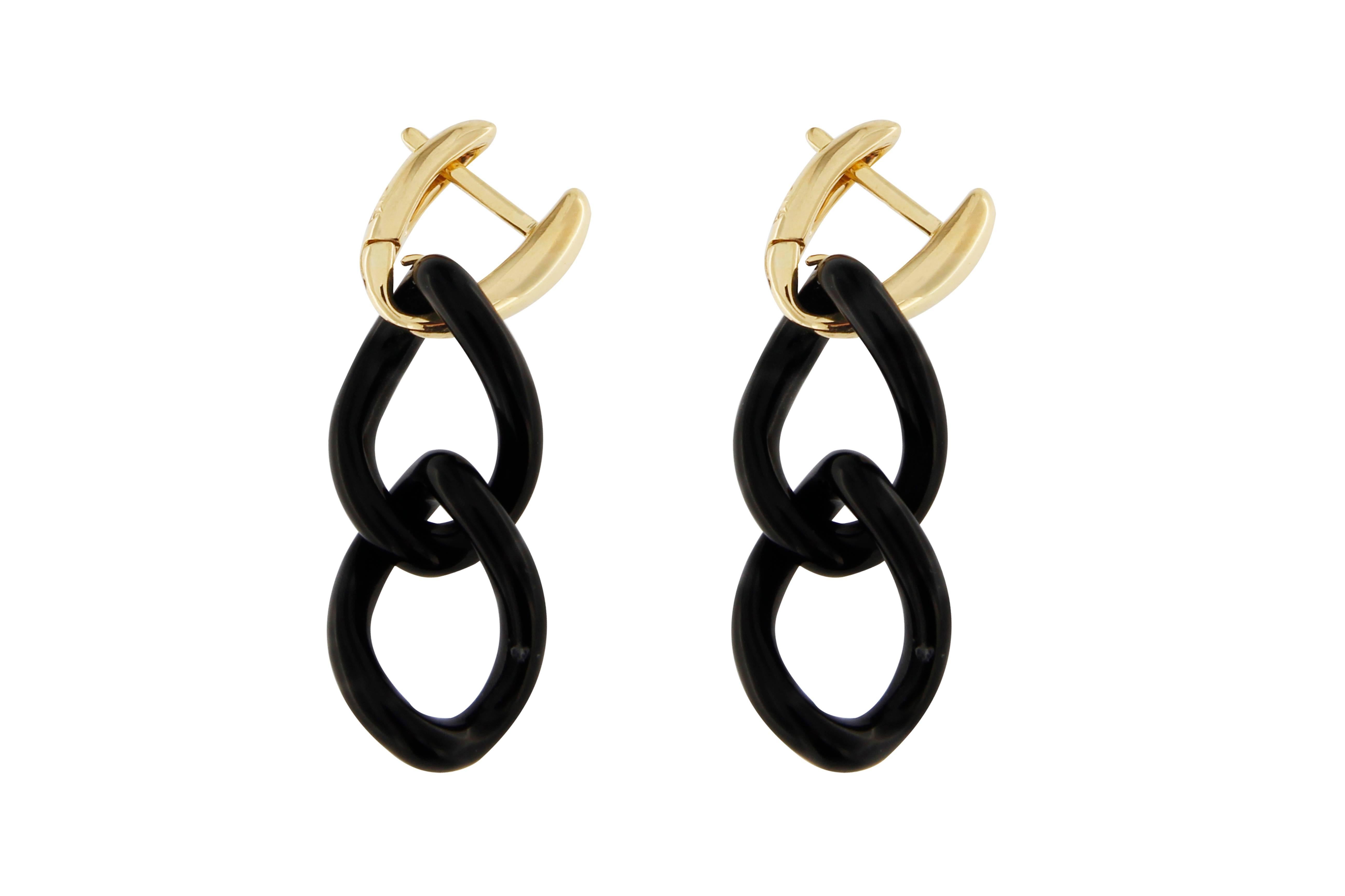 Cabochon Jona Black Agate 18 Karat Yellow Gold Pendant Earrings