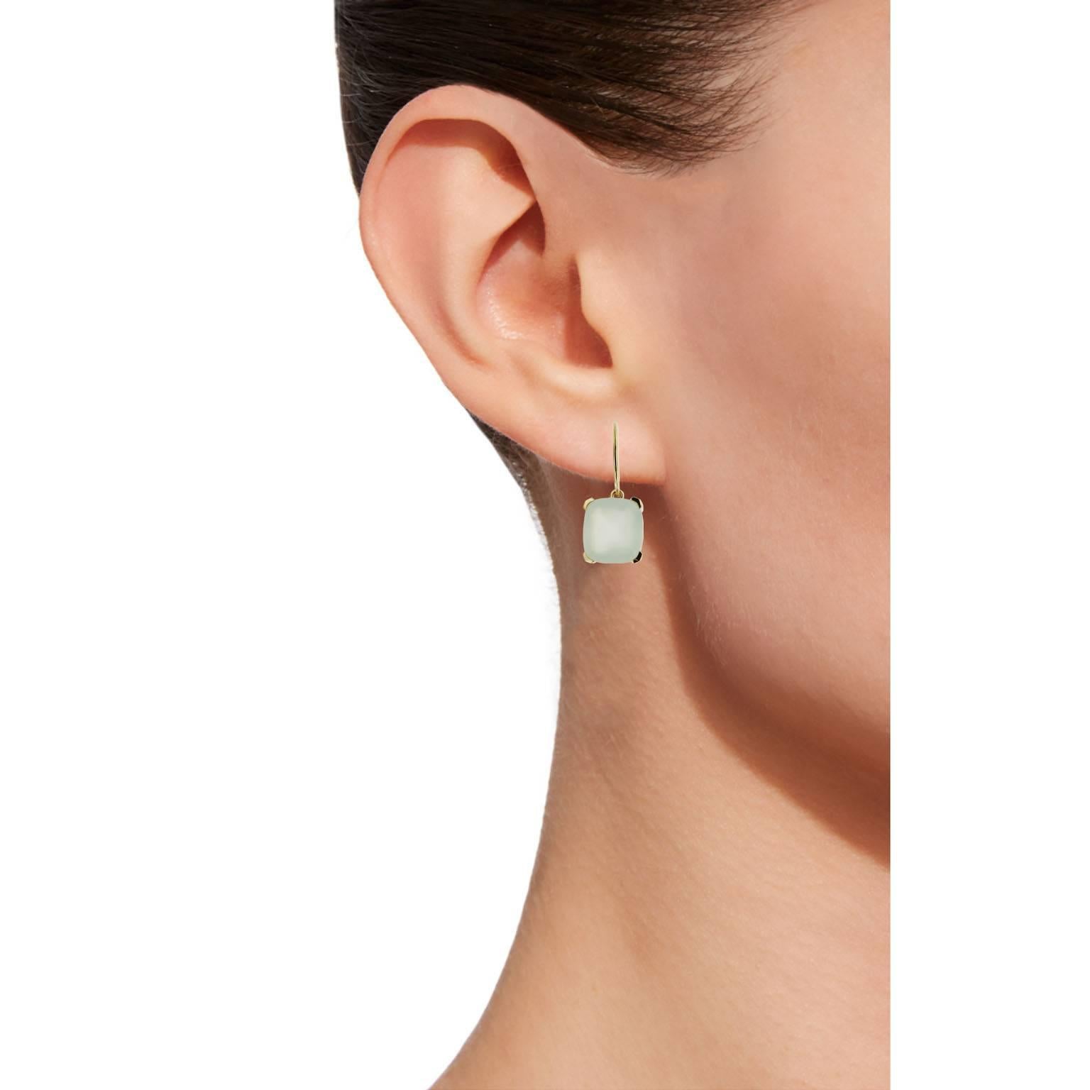 Jona design collection, hand crafted in Italy, 18 karat yellow gold pendant earrings centering two Aqua Chalcedony weighing 8.15 carats in total.

Dimensions:
0.97 in. H x 0.40 in. W x 0.23 in. D
25 mm. H x 10 mm. W x 6 mm. D

All Jona jewelry is