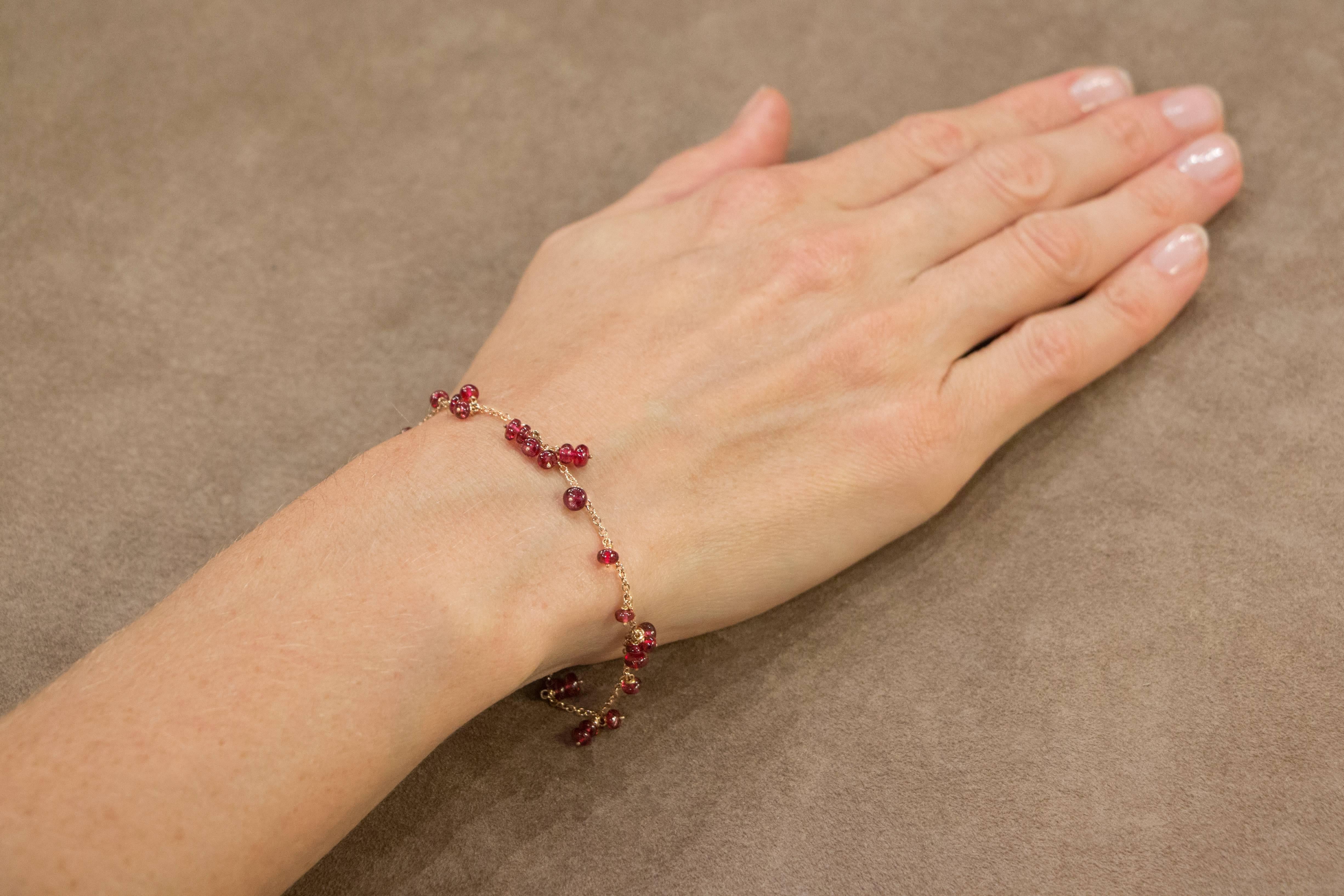 Jona design collection, hand crafted in Italy, 18 karat rose gold chain bracelet with Burmese red spinel bead pendants. Dimensions: 7.08 in. L x 0.51 in. W - 18 cm. L x 1.2 cm. W
All Jona jewelry is new and has never been previously owned or worn.