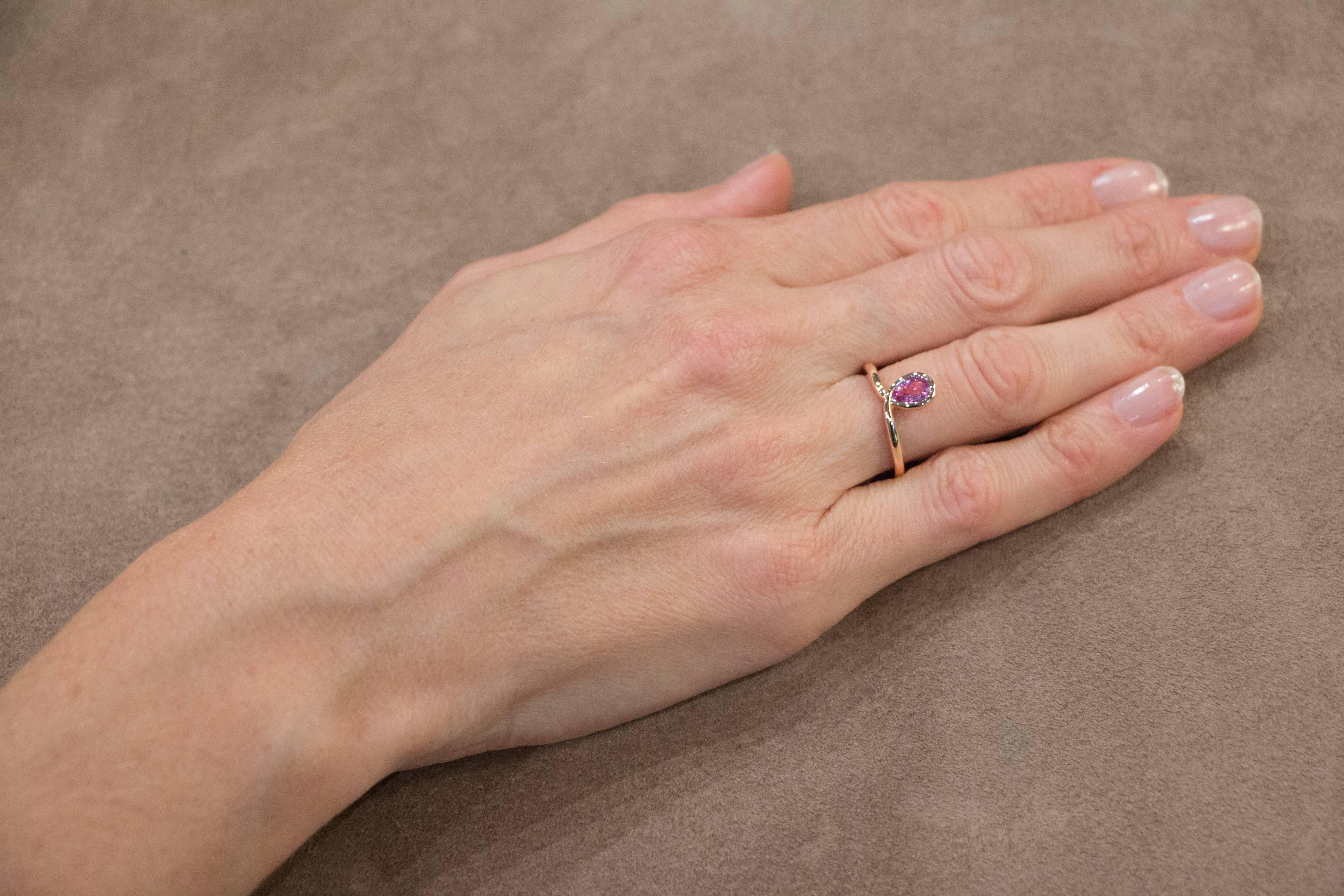 Jona design collection, hand crafted in Italy, 18 karat rose gold solitaire ring, centering a pear-shaped pink sapphire weighing 0.8 carats. Signed Jona. US size: 6 / EU size: 12 (can be sized to any specification).
Dimensions:
0.82 in. H x 0.81 in.