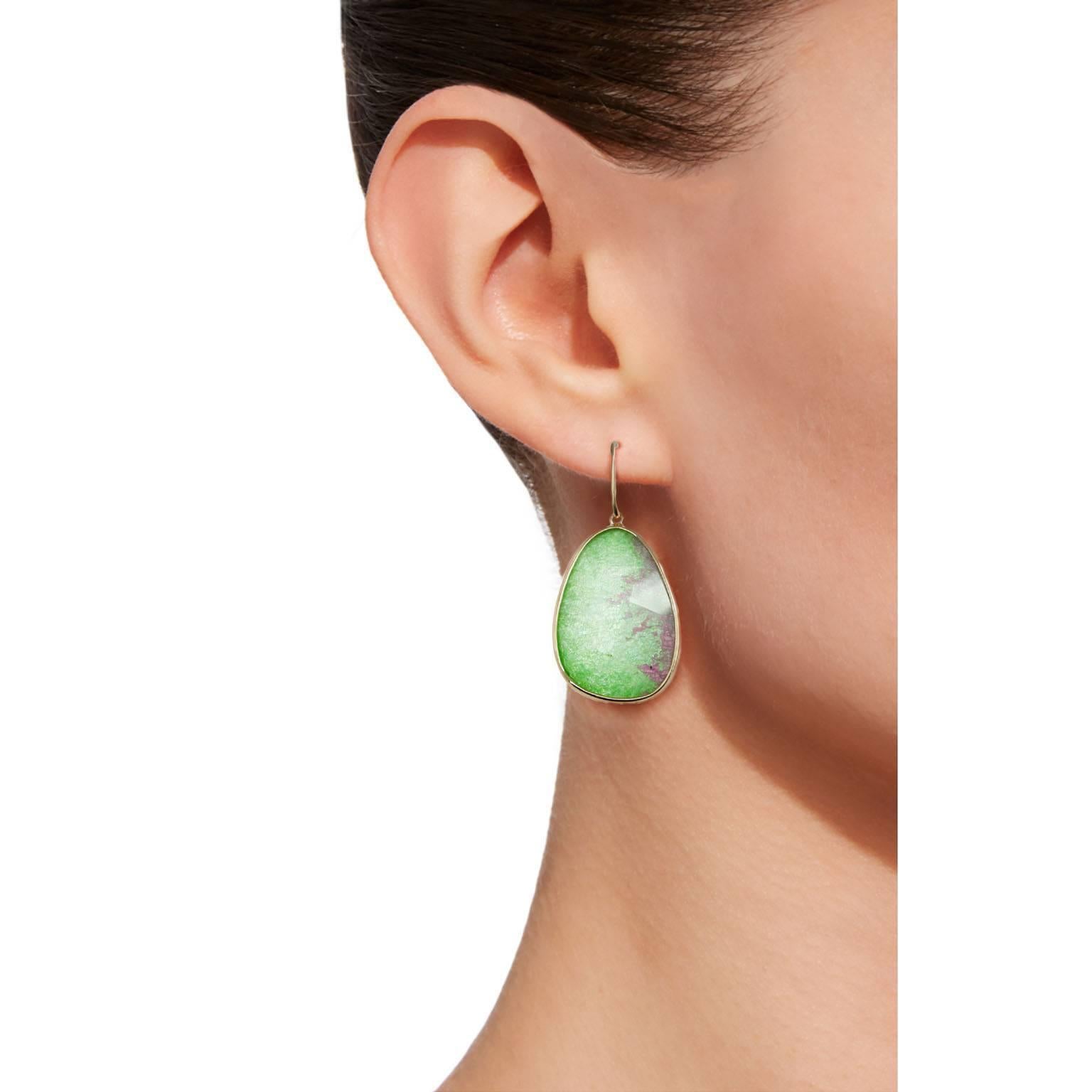 Jona design collection, hand crafted in Italy, 18 Karat yellow gold drop earrings set with a crazy cut Quartz over Zoisite and Mother of Pearl, weighing 28.47 carats. Clips can be mounted upon request.

All Jona jewelry is new and has never been