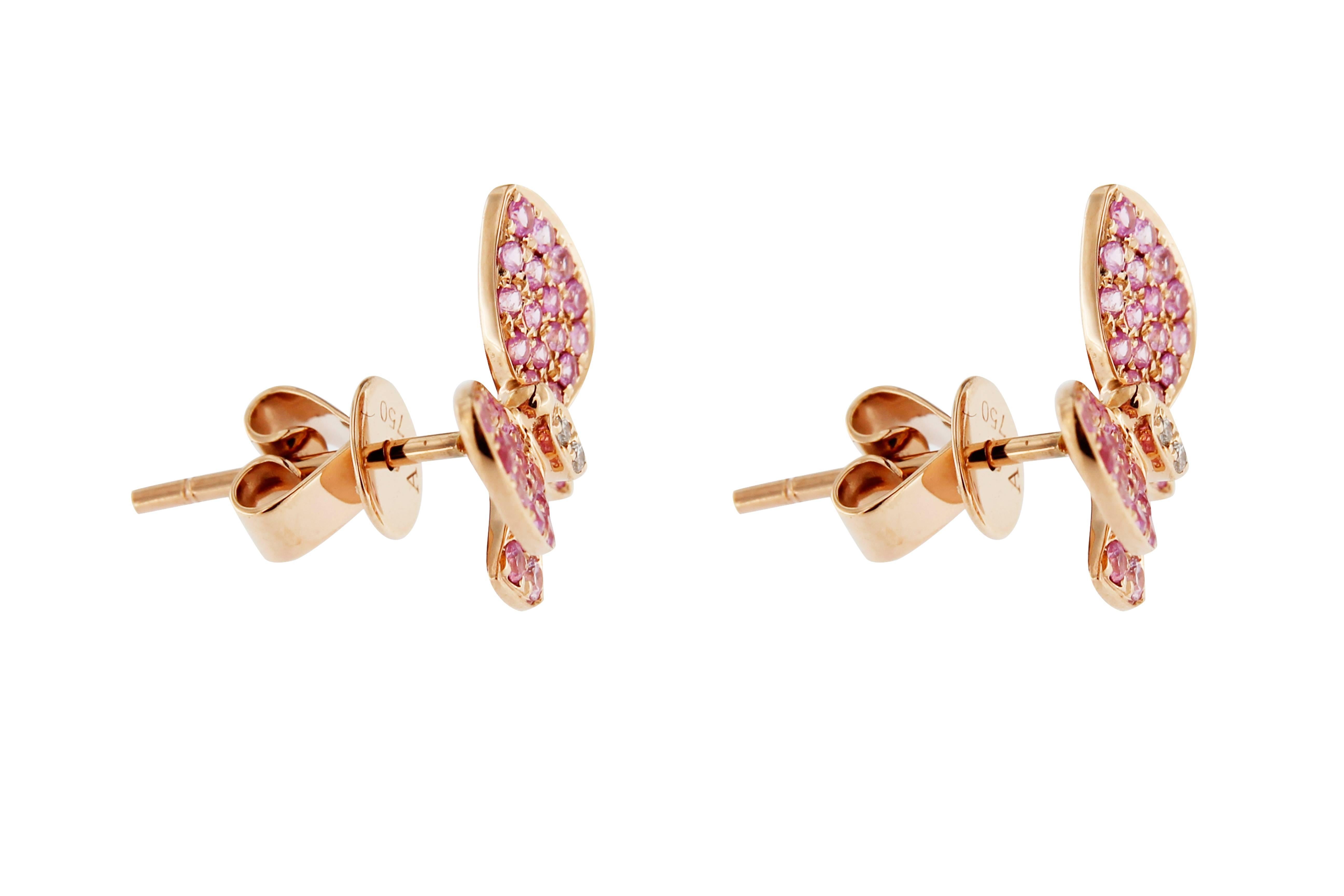 Round Cut Jona Pink Sapphire White Diamond Rose Gold Butterfly Stud Earrings
