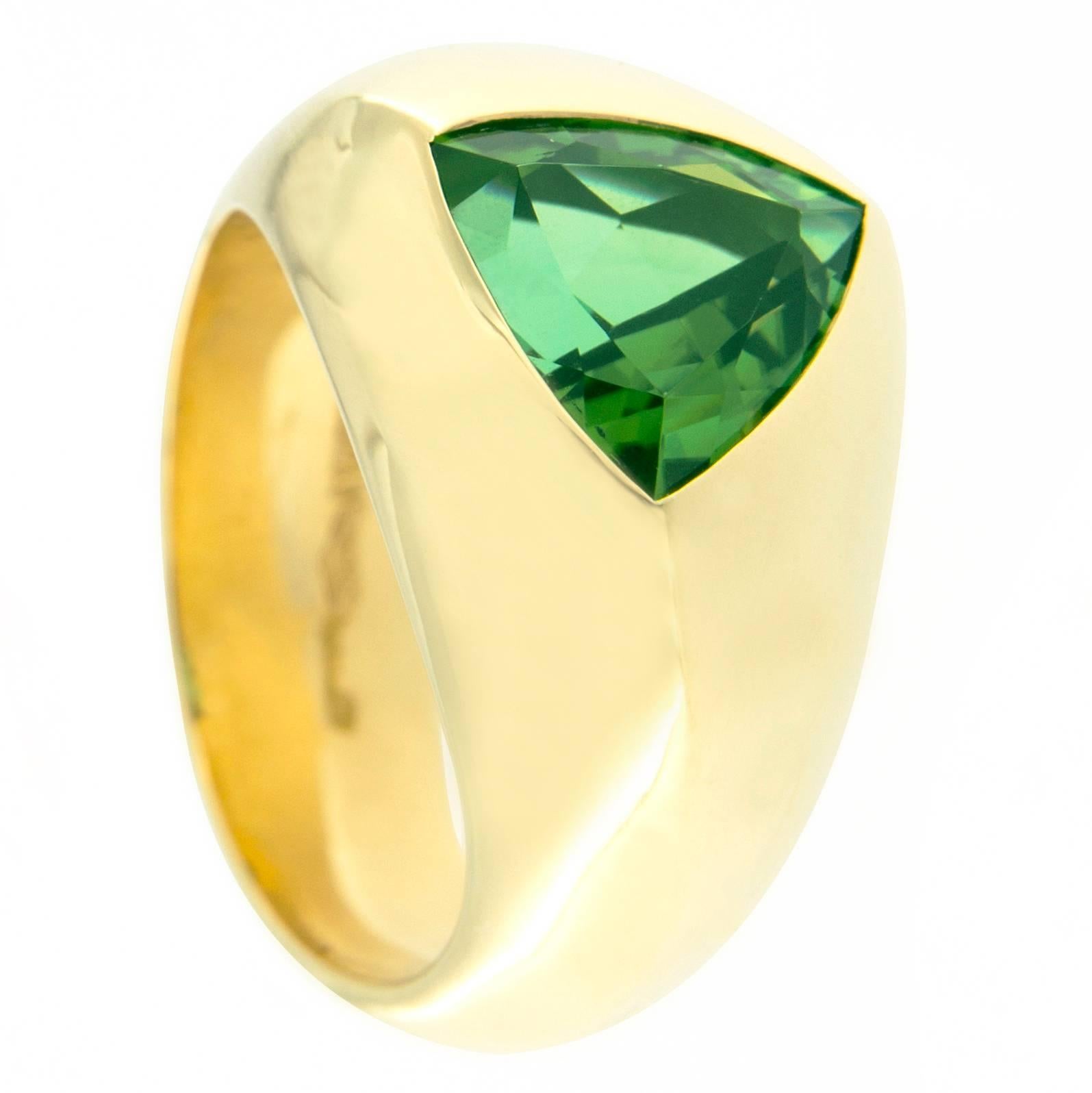 Women's Alex Jona Trillion Cut Green Tourmaline 18 Karat Yellow Gold Dome Ring