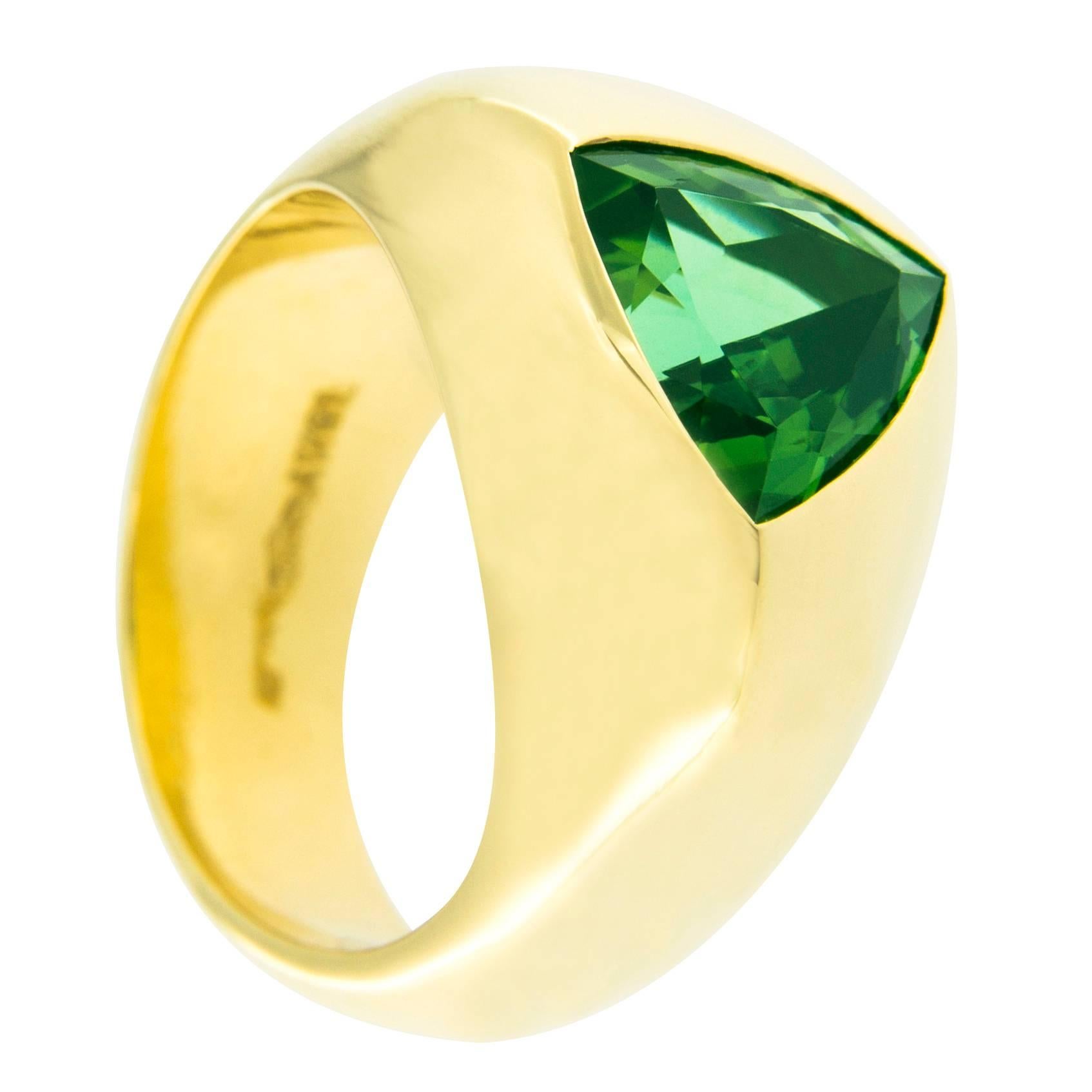 Alex Jona Trillion Cut Green Tourmaline 18 Karat Yellow Gold Dome Ring 1