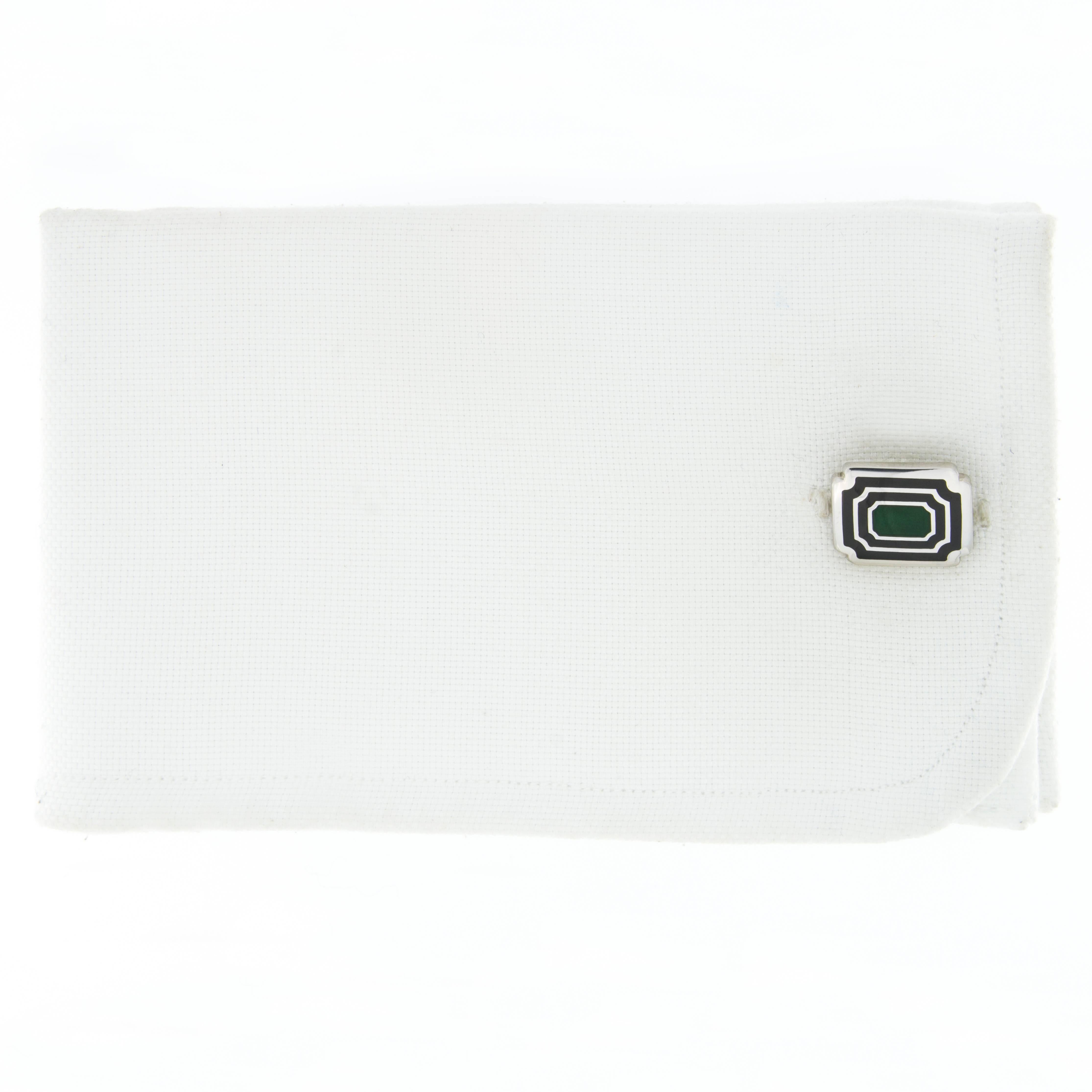 Jona design collection, hand crafted in Italy, rhodium plated Sterling Silver rectangular cufflinks with blue and green enamel. Toggle back.
Dimensions: 0.58 in. W x 0.52 in. L - 15 mm. W x 13 mm. L
All Jona jewelry is new and has never been
