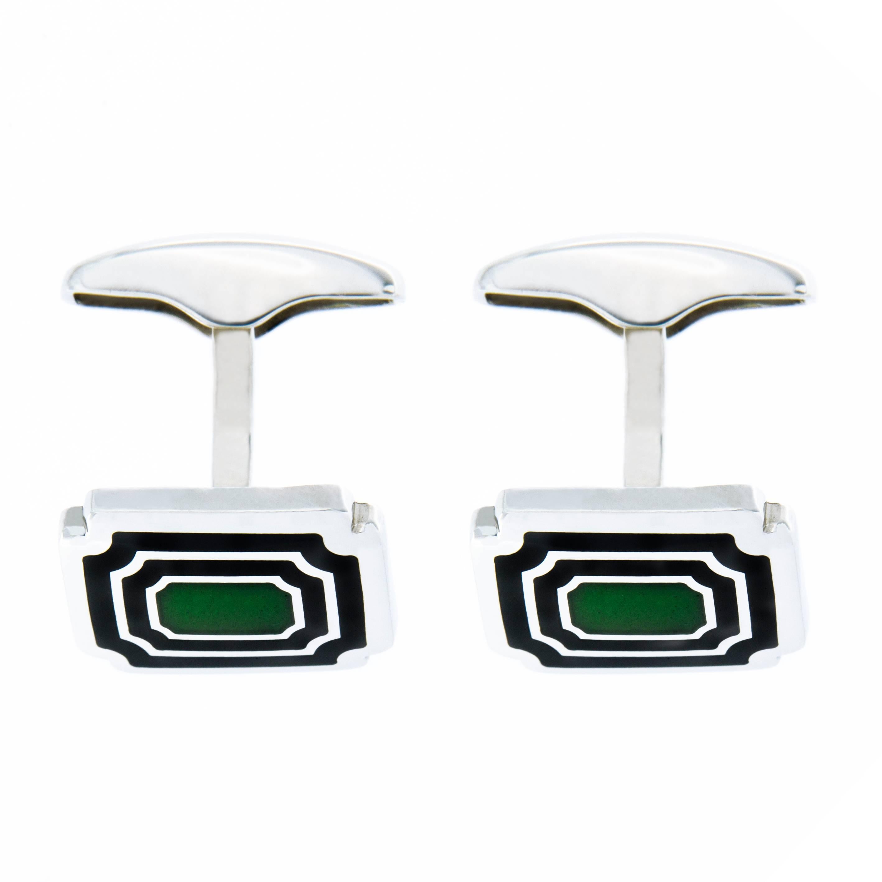 Jona Sterling Silver Blue Green Enamel Rectangular Cufflinks In New Condition In Torino, IT