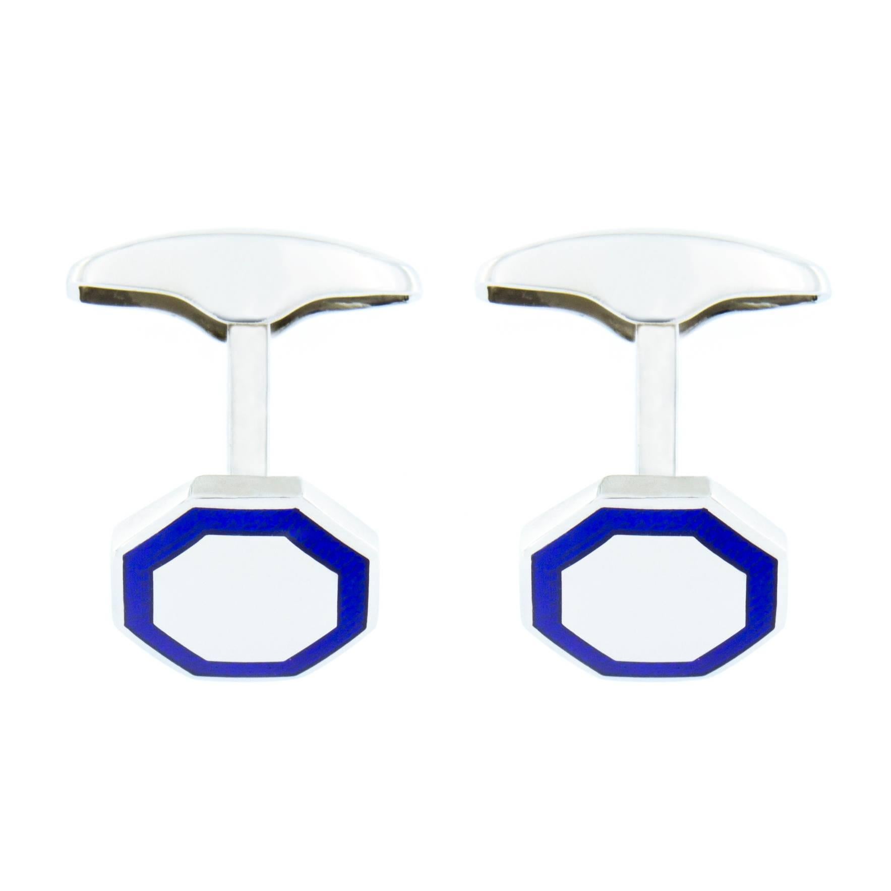 Alex Jona Sterling Silver Blue Enamel Octagonal Cufflinks In New Condition For Sale In Lugano, CH