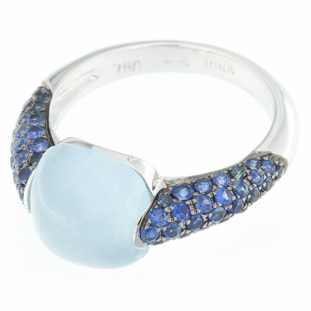 Women's or Men's Jona Aquamarine Blue Sapphire 18k White Gold Ring