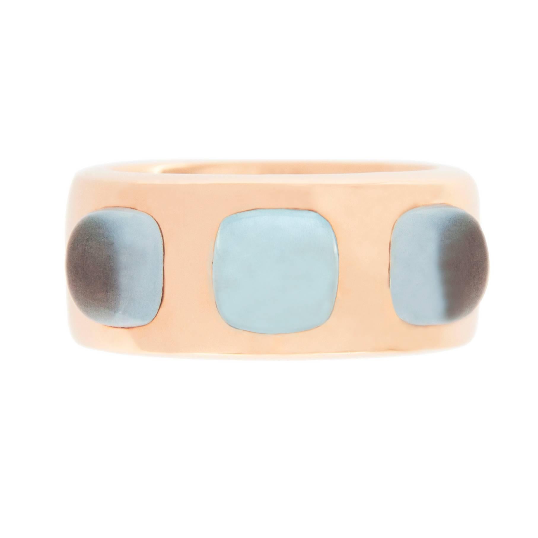 Jona design collection, hand crafted in Italy, 18 karat rose gold band ring set with three aquamarine cabochon weighing 4.2 carats in total. US size 6 / EU size 12. Can be sized to any specification.

Dimensions:
H 0.95 in. x W 0.84 in x D 0.36 in
H