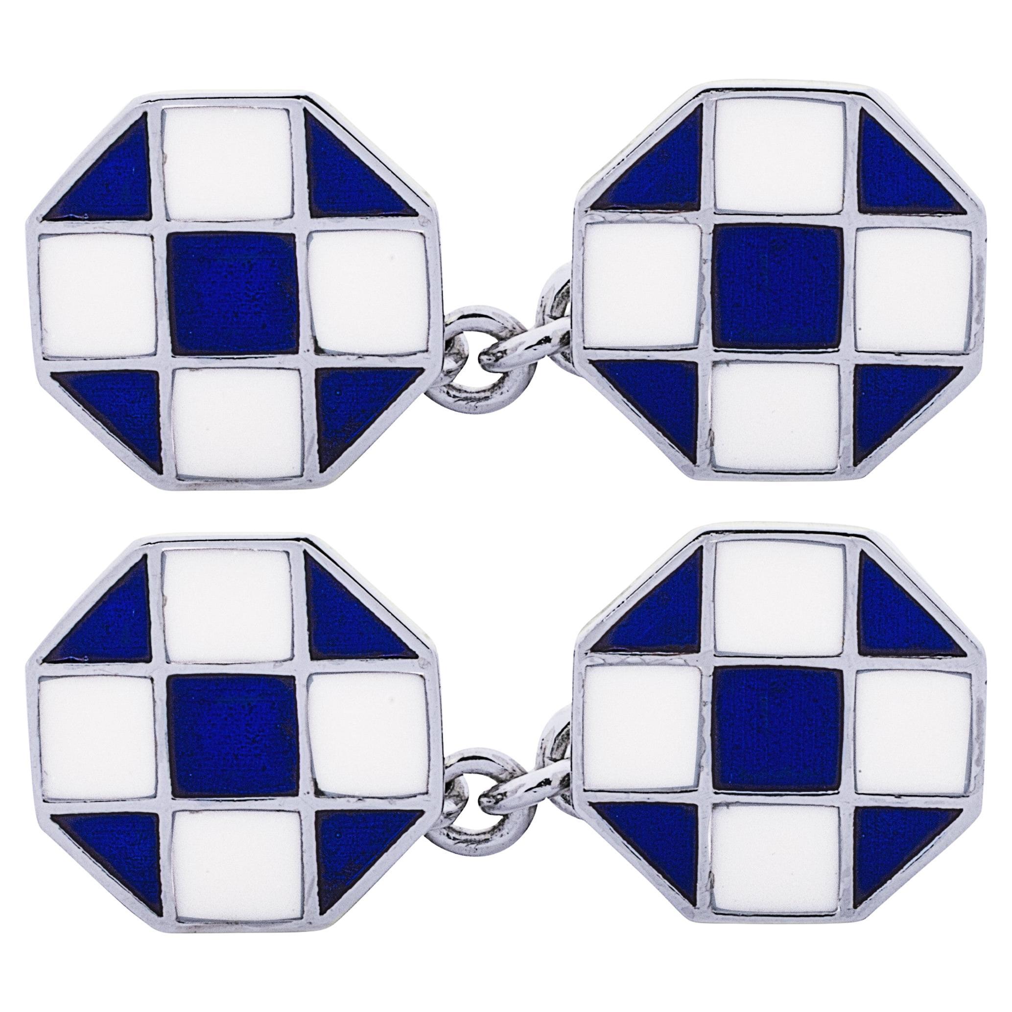 Alex Jona Blue White Enamel Sterling Silver Cufflinks