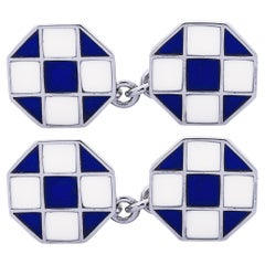 Alex Jona Blue White Enamel Sterling Silver Cufflinks