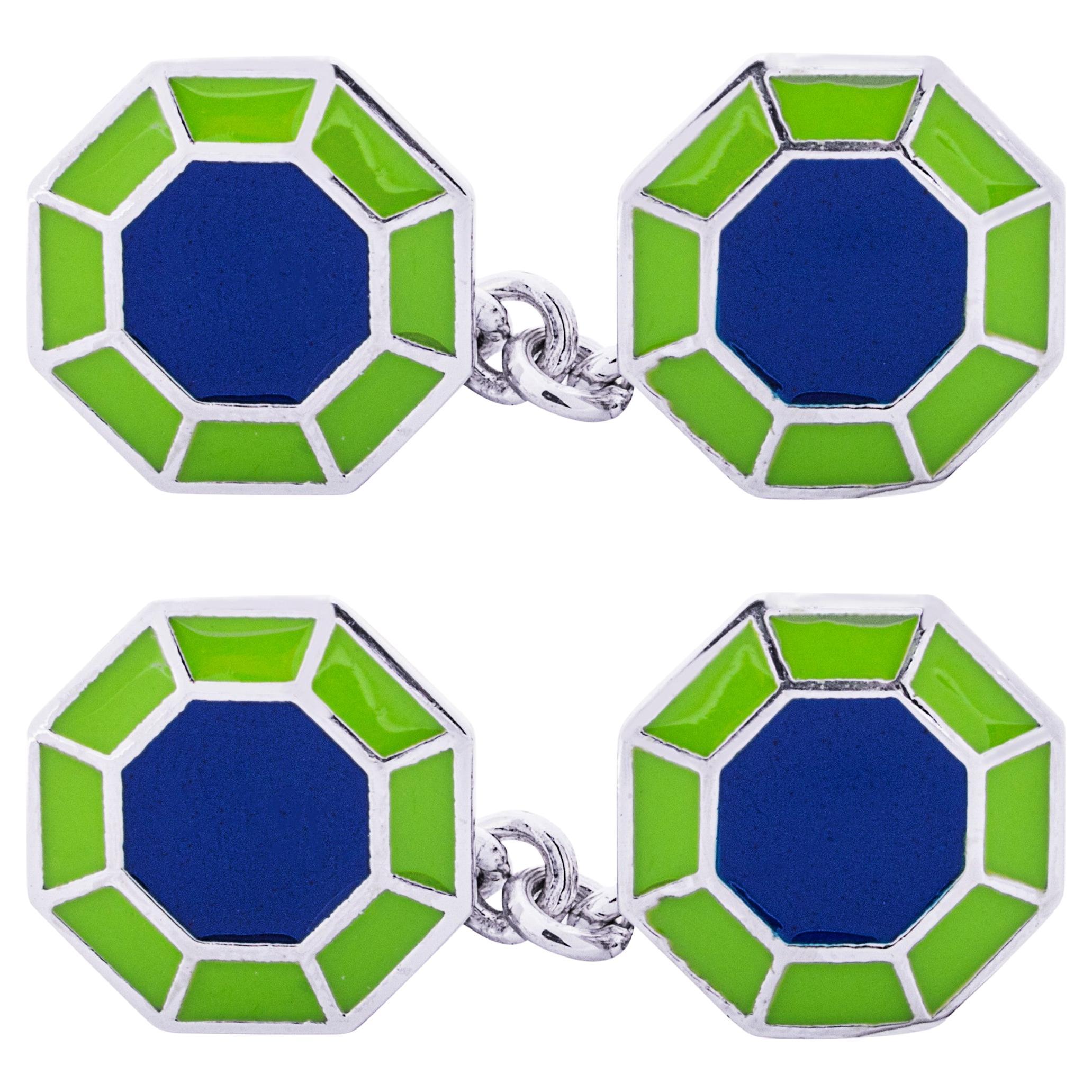 Achteckige Manschettenknöpfe aus Sterlingsilber mit blauer und grüner Emaille