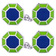 Gemelli ottagonali in argento 925 con smalto blu e verde di Alex Jona