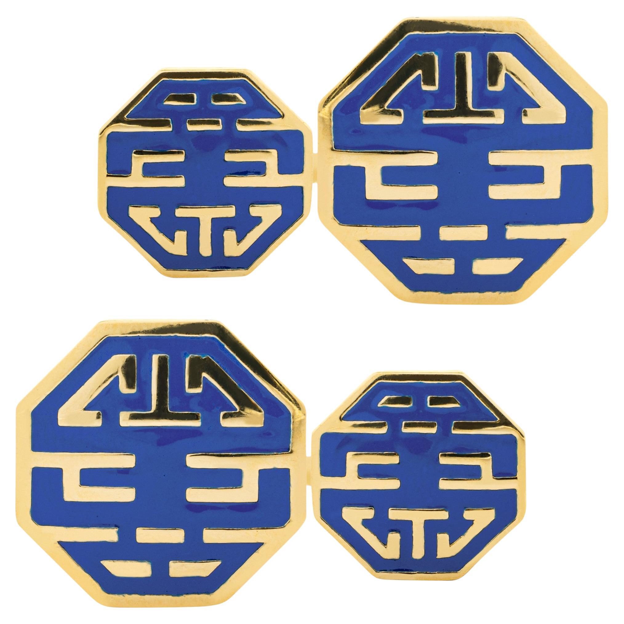 Alex Jona Long and Happy Life Blu Enamel 18K Yellow Gold Cufflinks