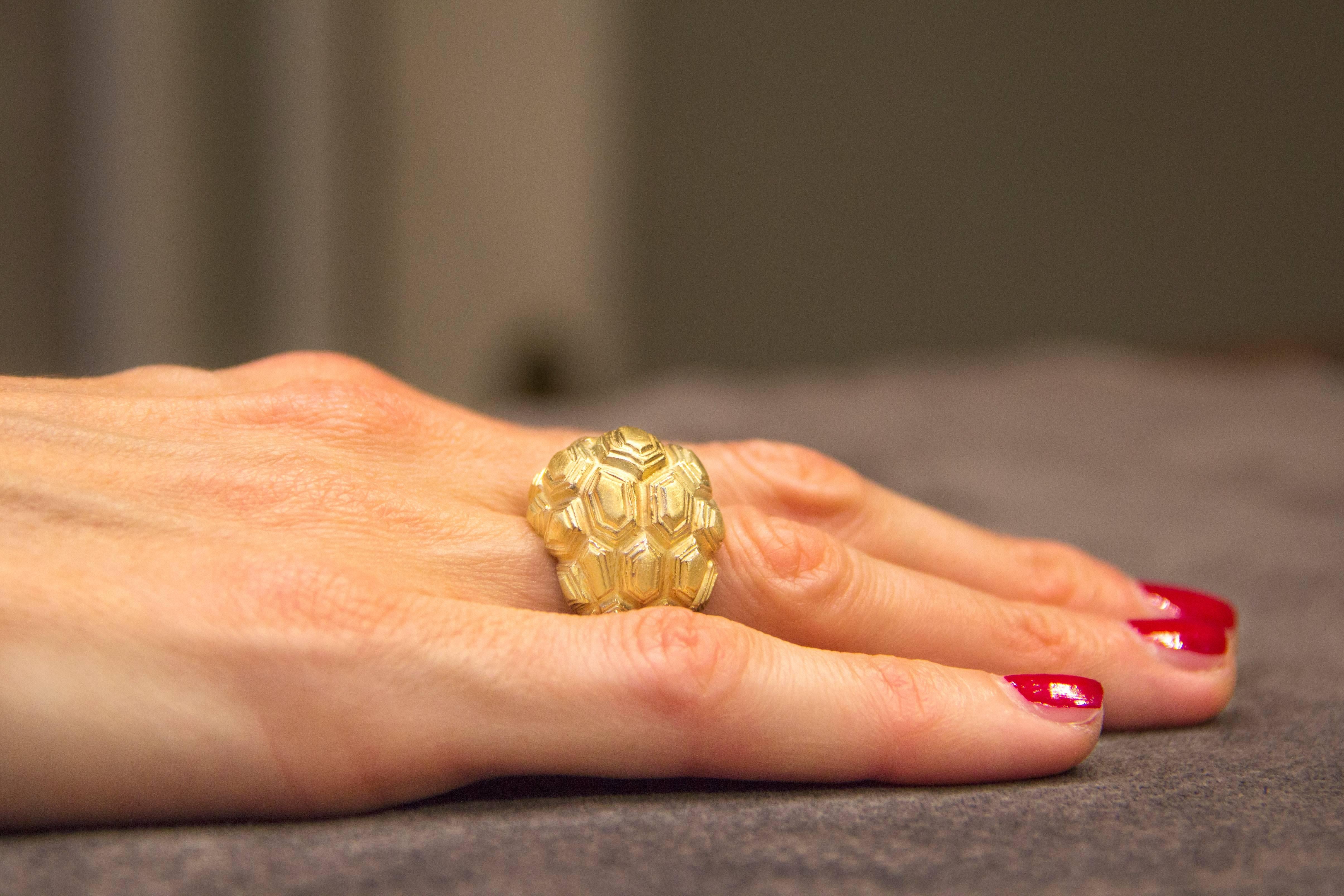 Alex Jona design collection, hand crafted in Italy, 18 karat brushed yellow gold testudo dome ring. 
Size: US 6, can be sized. Dimensions: 0.97 W.
Alex Jona jewels stand out, not only for their special design and for the excellent quality of the