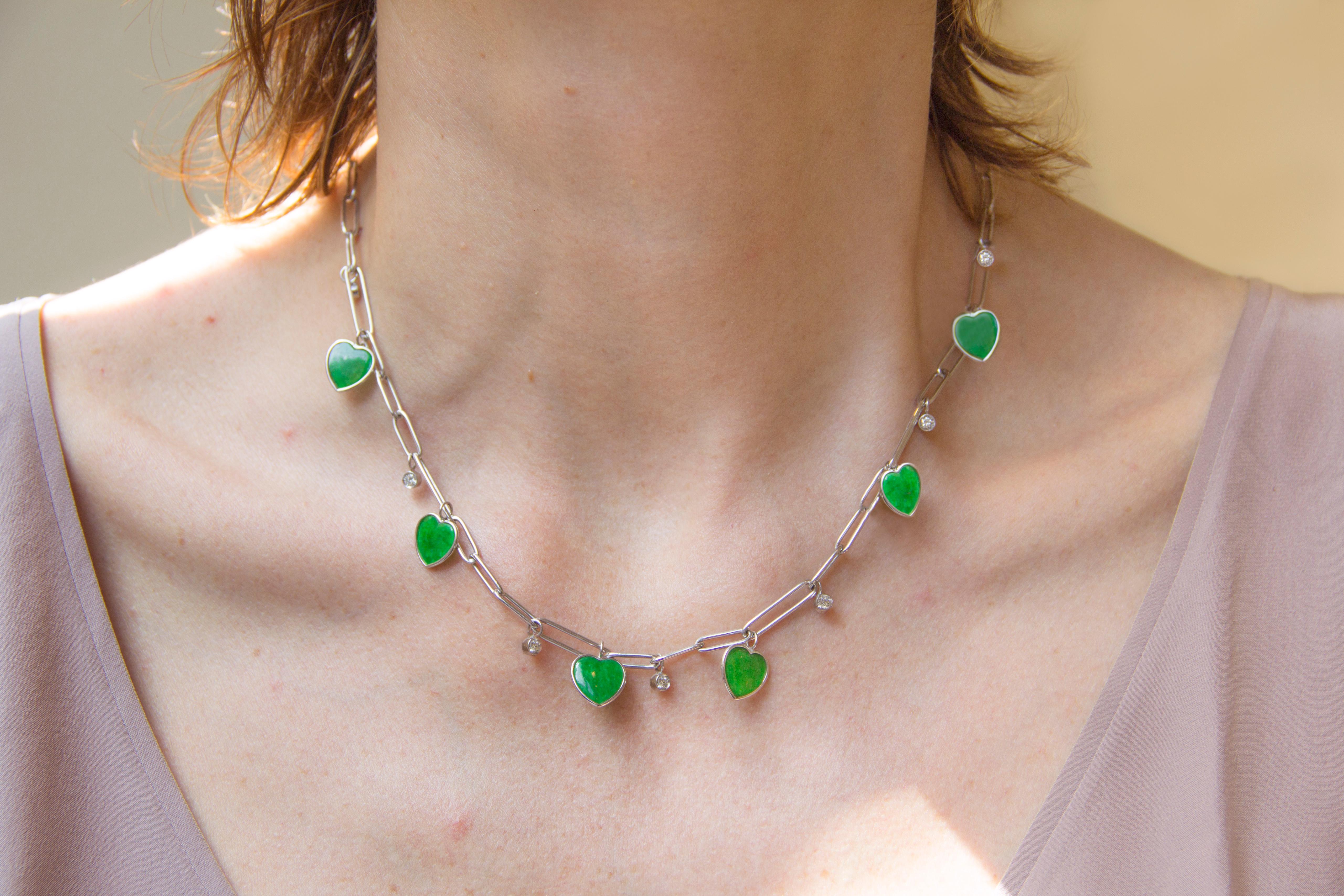 Jona design collection, hand crafted in Italy, 18 karat white gold chain necklace featuring six Burmese jade, heart-shape charms and 0.36 carats of white diamonds.
All Jona jewelry is new and has never been previously owned or worn. Each item will